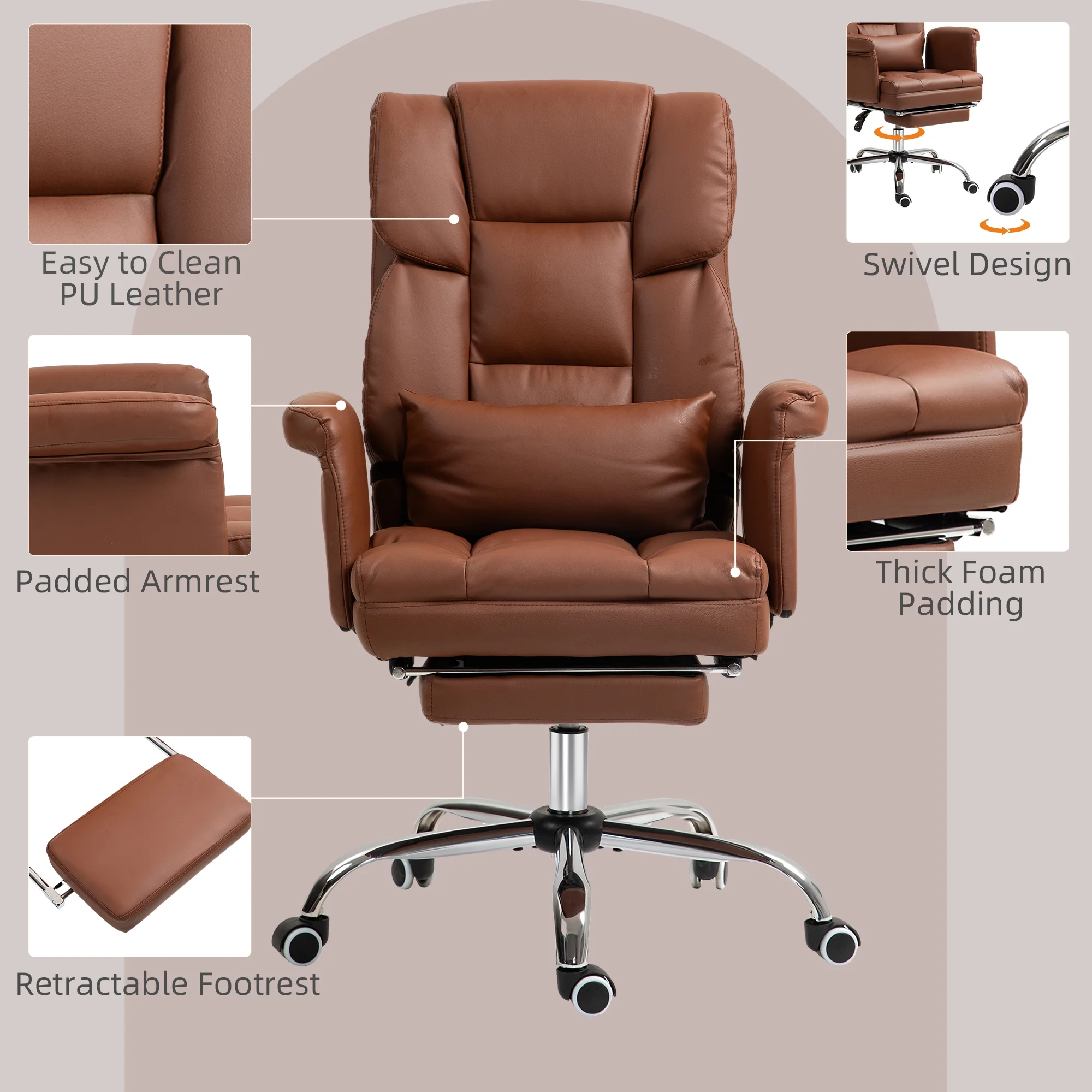 HOMCOM Executive Office Chair with Footrest and Lumbar Support, PU Leather Office Desk Chair, Ergonomic, Reclining and Swivel Chair, Black