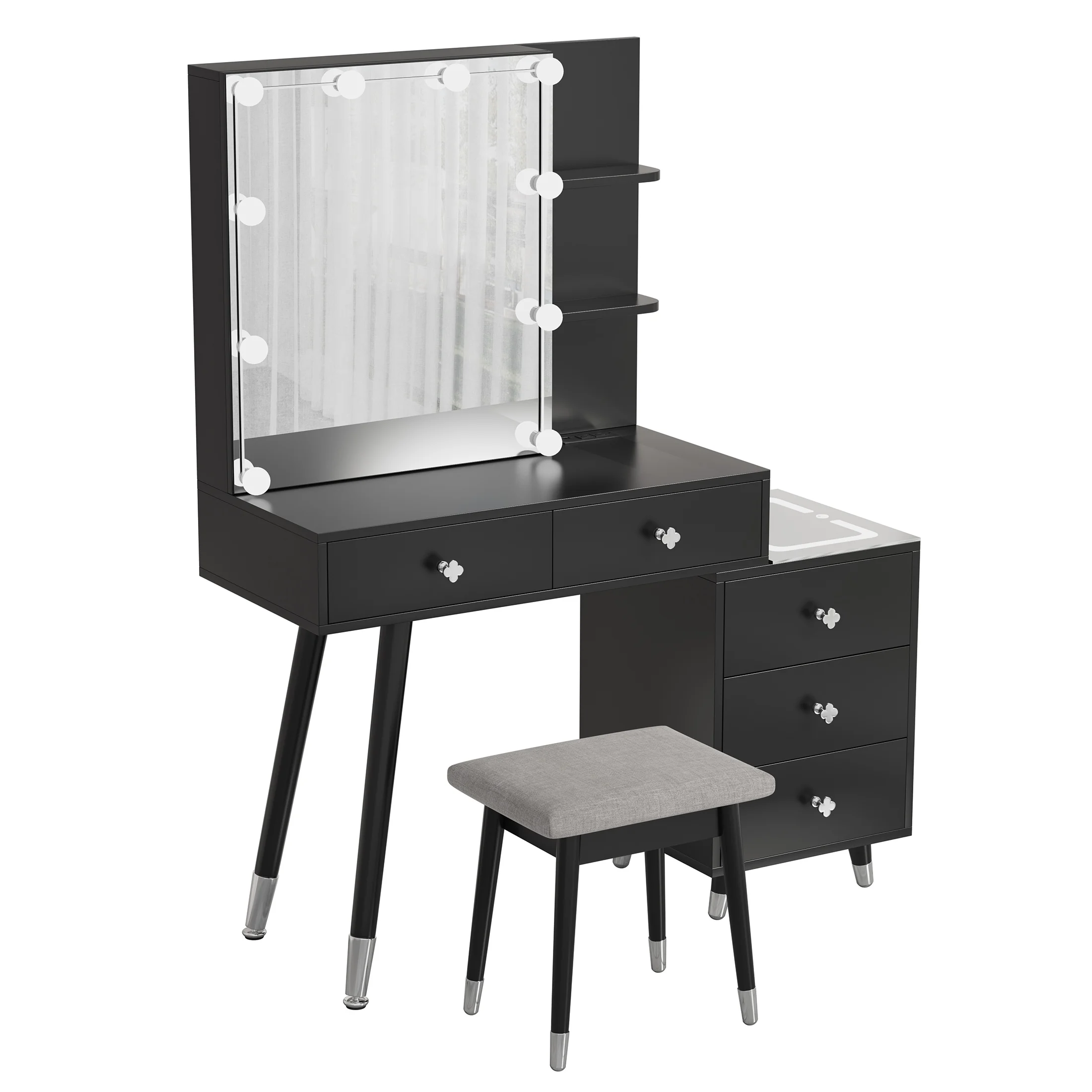 Vanity Set with Stool, Black Vanity Desk with Mirror, 5 Drawers and 2-Layer Shelves, LED Three-Tone Lighting, Particle Board With Triamine Coating, Solid Wood Legs With Copper Sheath Decoration