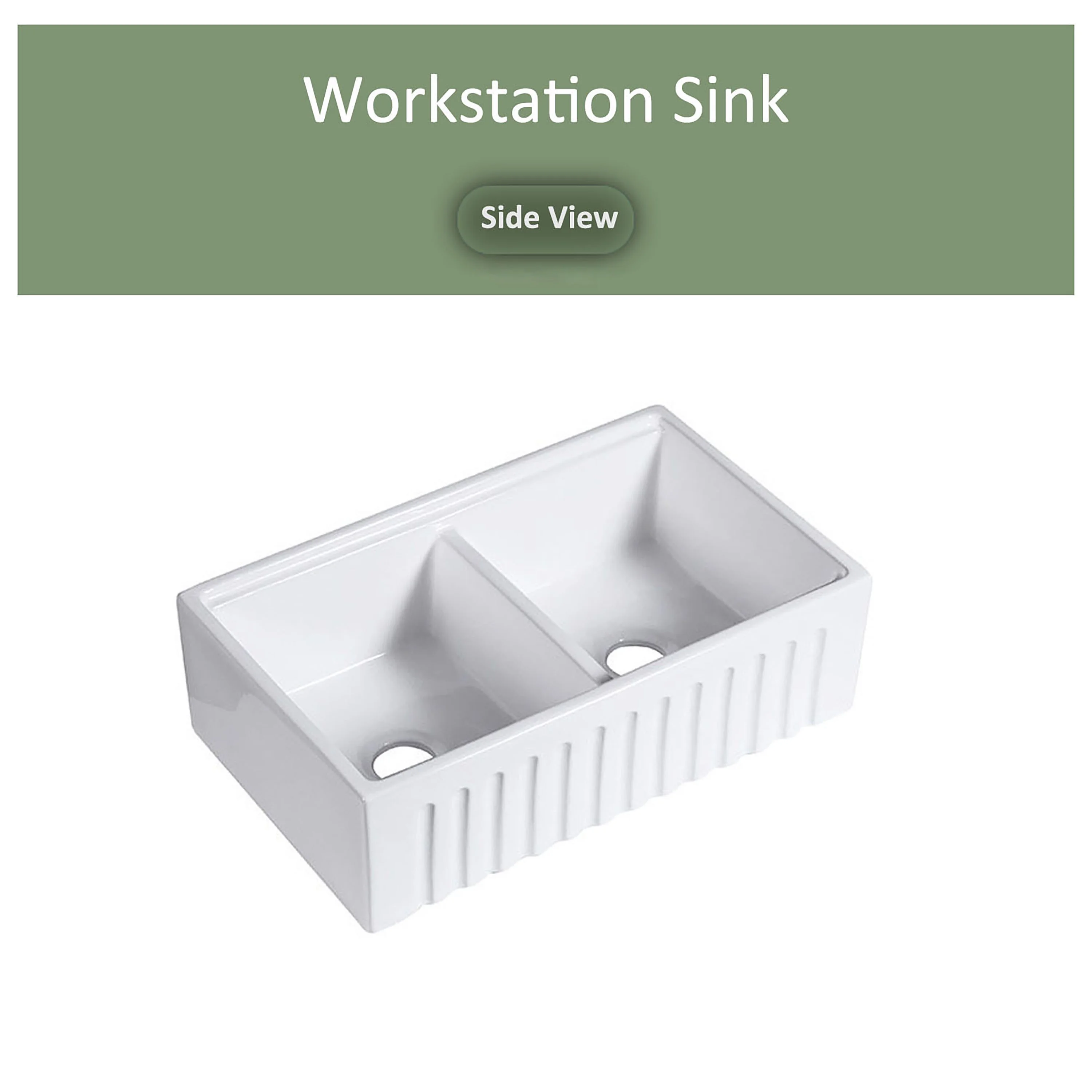 MEJE #KS3320 33x20 inch 50/50 Double Bowl , Ceramic Apron-front Step Rim Workstation Farmhouse Kitchen Sink , with Cutting Board ,Grid & Strainer - White