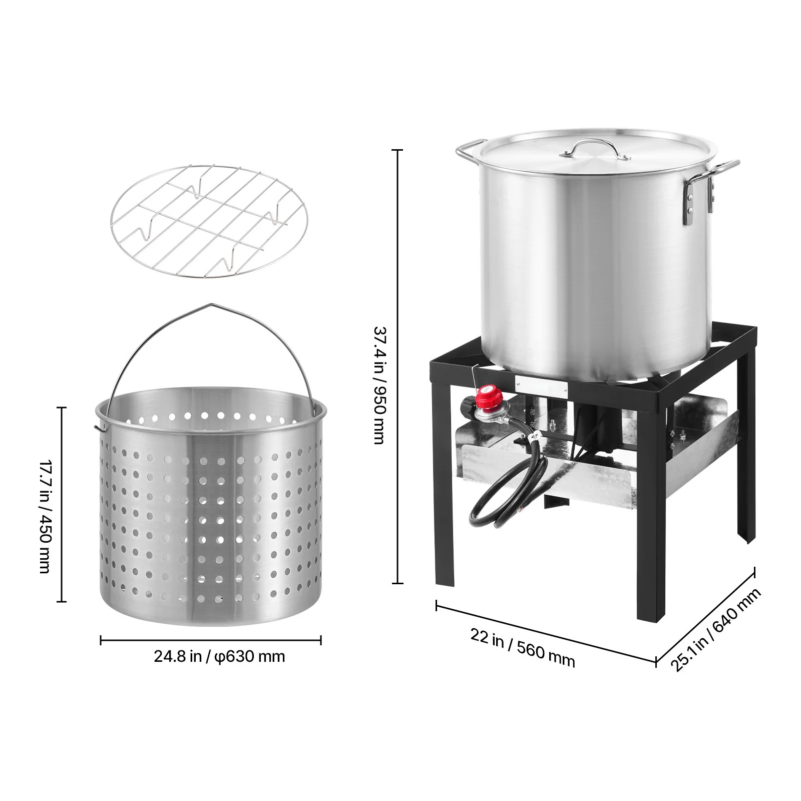 KFFKFF 100 Qt Seafood Cooking Set with Sieve, Exterior Seafood Cook Pot and Container, Culinary Kit, Crawfish, Lobster Preparation, Aluminum Soup Pot with 100,000 BTUs Propane Heater and Steam Grid