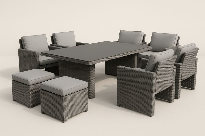 Set da Giardino in Rattan Grigio con Tavolo Rettangolare e Cuscini