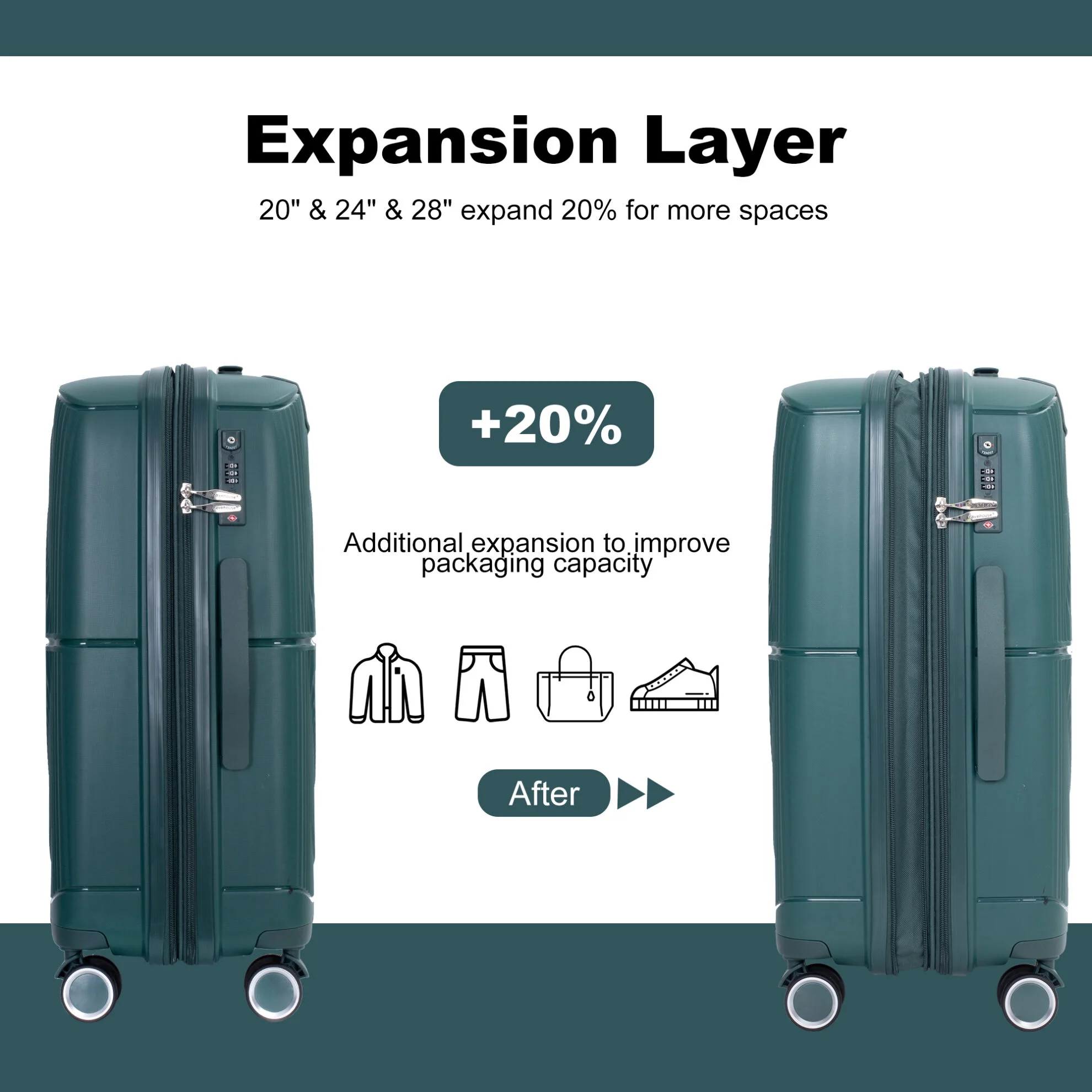 3 Pieces Luggage Set (20/24/28), Expandable PP Lightweight Hardshell Durable Suitcase with 4 Double 360 Degrees Mute Spinner Wheels and TSA Lock for Men Women, Black