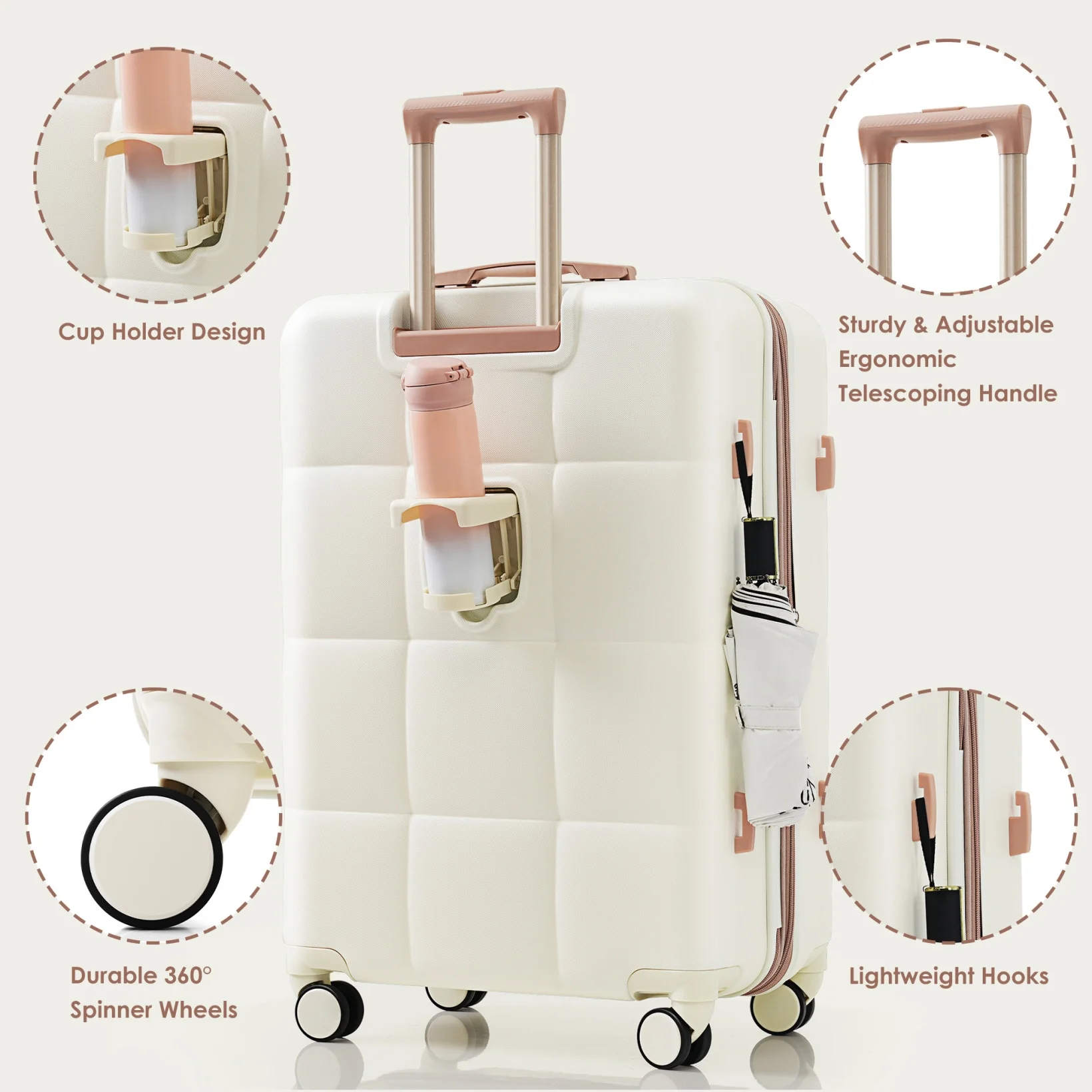 3 Piece Luggage Set , 20/24/28 inches Suitcase Set , ABS Hardshell Expandable Luggage Sets with TSA Lock,20-inch with USB Port, Carry On Luggage for Men Women, Pink