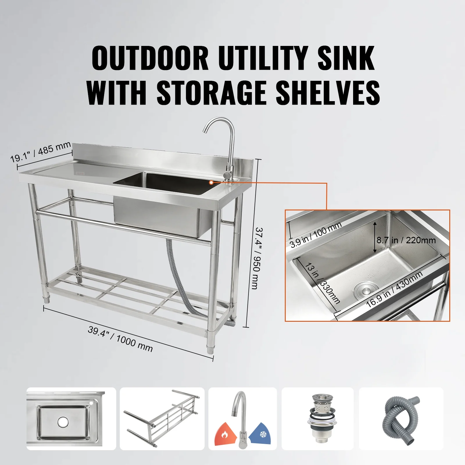 KFFKFF Commercial Public Facilities And Preparation Of Single Bowls, Bring The Workbench 39.4 x 19.1 x 37.4 inch