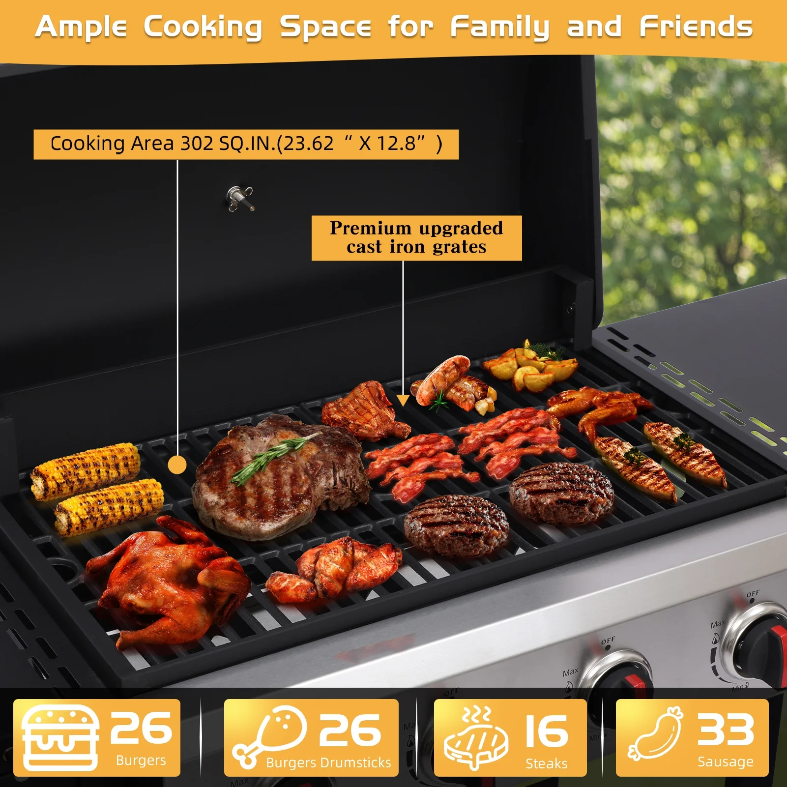 4 Burner Propane Gas Grill, 42,000 BTU Output Outdoor BBQ Grill with Cast Iron Grates and Versatile Mini Grill Pan, Perfect for Outdoor Cooking, Balcony, Backyard, Camping, Barbecue