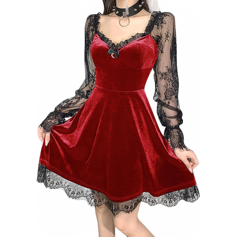 Women Gothic Velvet Dress - Flared Lace Long Sleeve Midi Dresses