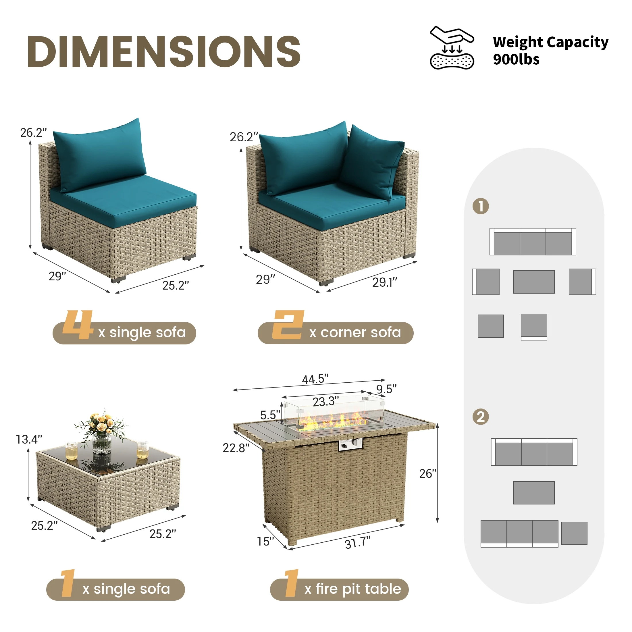 POTEBAN 7 Pieces Outdoor Patio Furniture Set, Grey Rattan Wicker Outdoor Conversation Sectional Sofa Set with Cushions for Backyard, Green