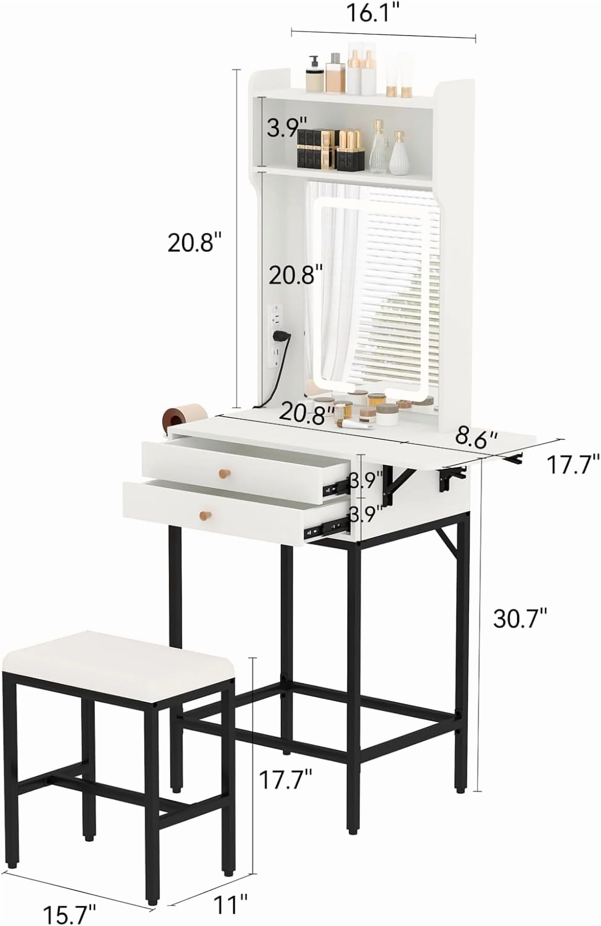 Small Makeup Vanity Desk with Mirror and Lights,Vanity Table Set with Storage Drawer,Hair Dryer Holder,Fold-Up Panel,Stool and Shelves,Compact Makeup Dressing Table for Bedroom Apartments