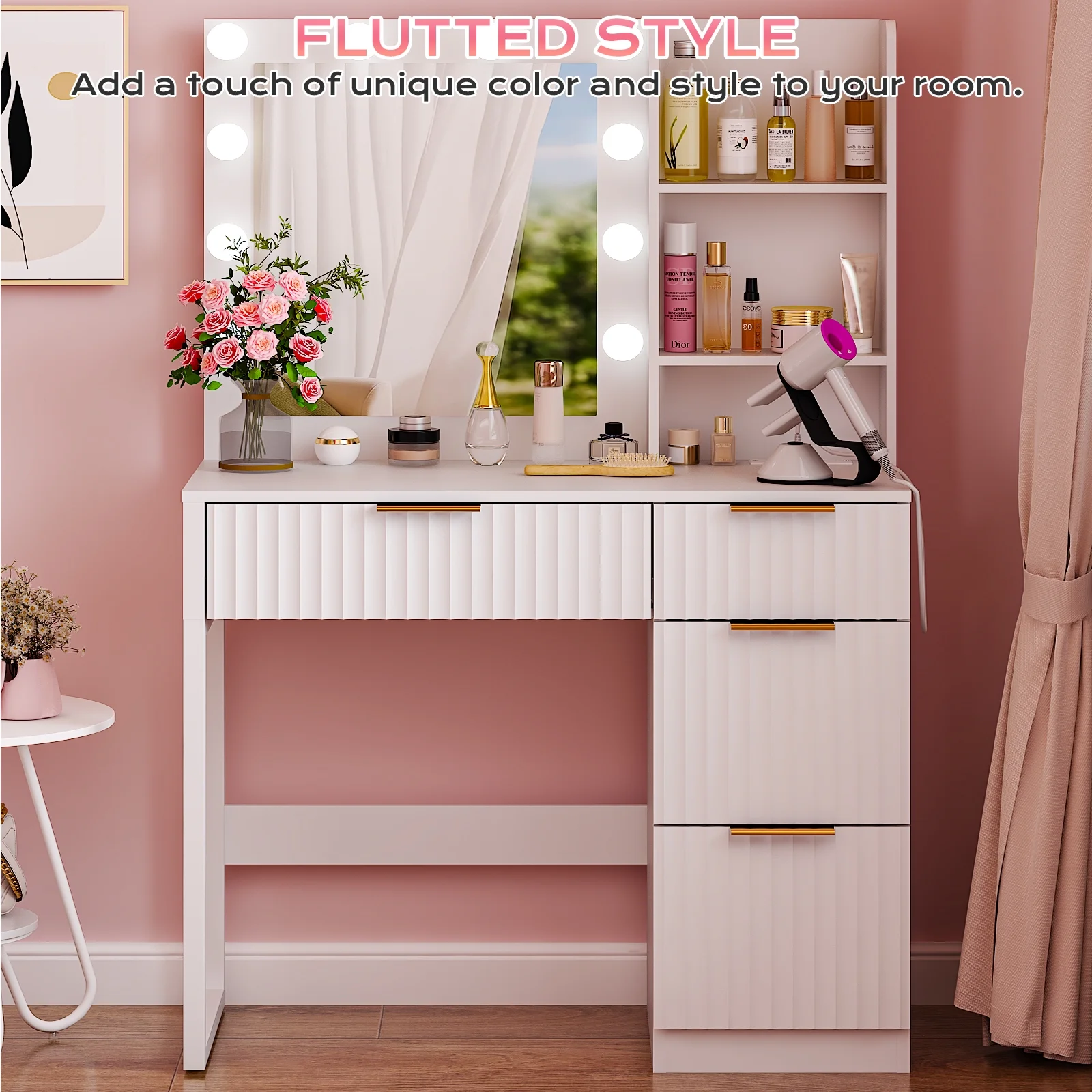 Ktaxon Vanity Set with 3 Color Lighted Mirror, Makeup Table with 3 Storage Shelves & Drawers, Dressing Table Makeup Desk with Stool,White