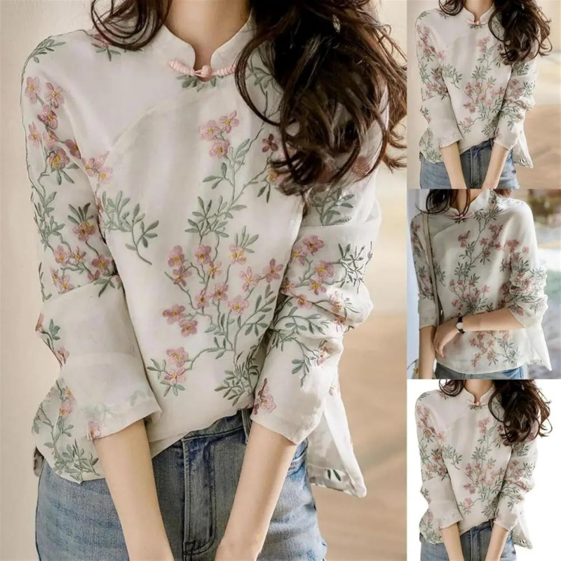 Soft Women's Blouse Shirt Chinese Style Long Sleeve Cheongsam Shirt All Match