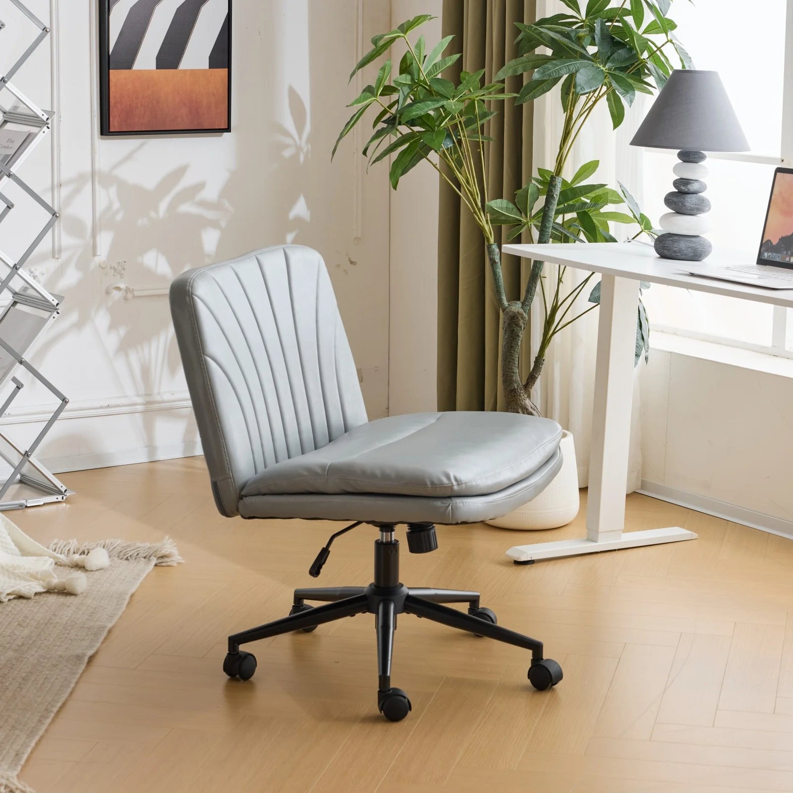 Ktaxon Armless Office Chair Swivel Study Chair Adjustable Desk Chair with Criss Cross Legs and Wheels for Conference and Home Faux Leather Gray