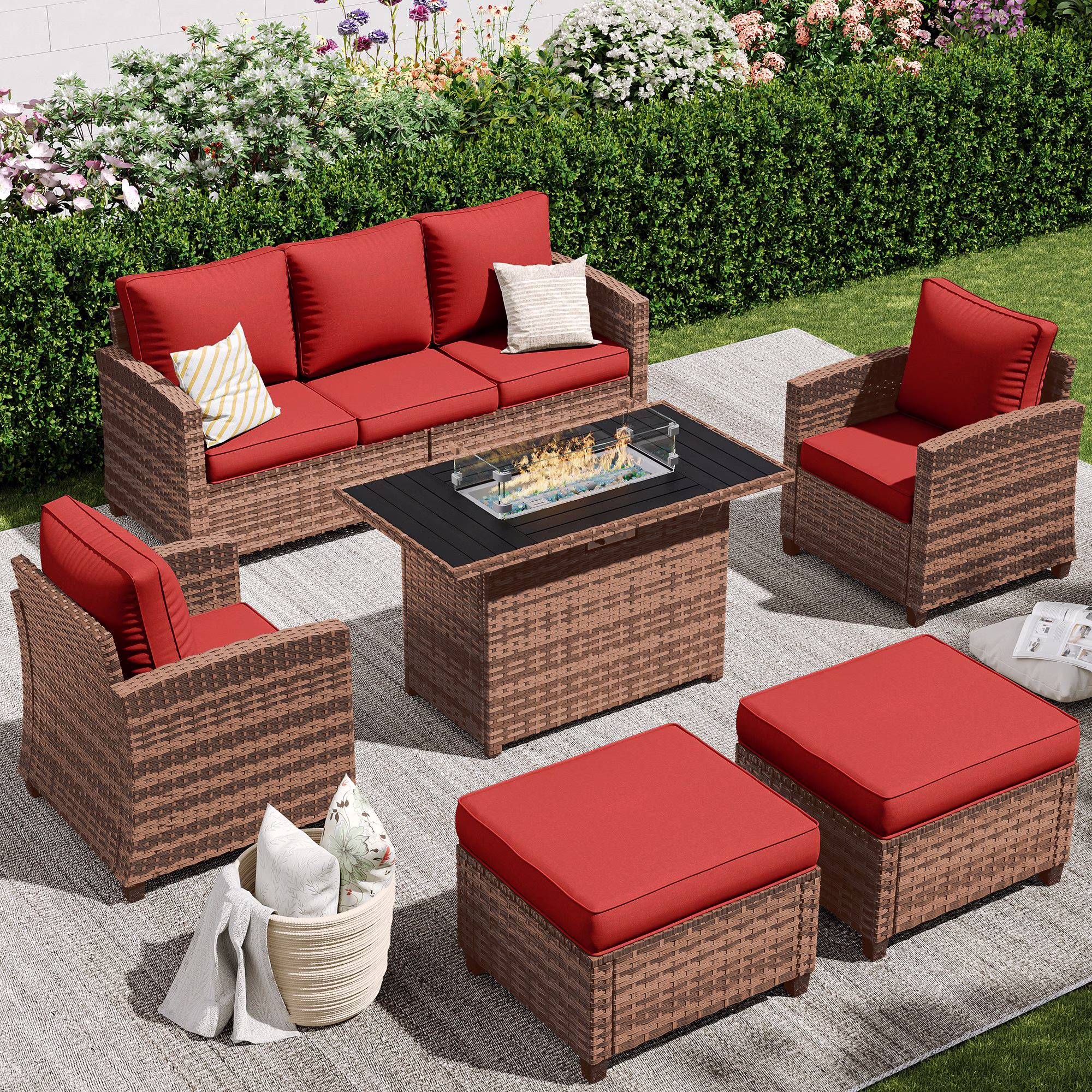 POTEBAN Patio Furniture Set, 7 Pieces Outdoor Sectional Sofa Couch with Chairs, Ottomans and Comfy Cushions, All Weather Wicker Rattan Patio Conversation Set for Garden Backyard Dark Grey
