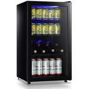 WANAI Compact Beverage Refrigerator, 100 Can Capacity, Glass Door, Black Stainless Steel