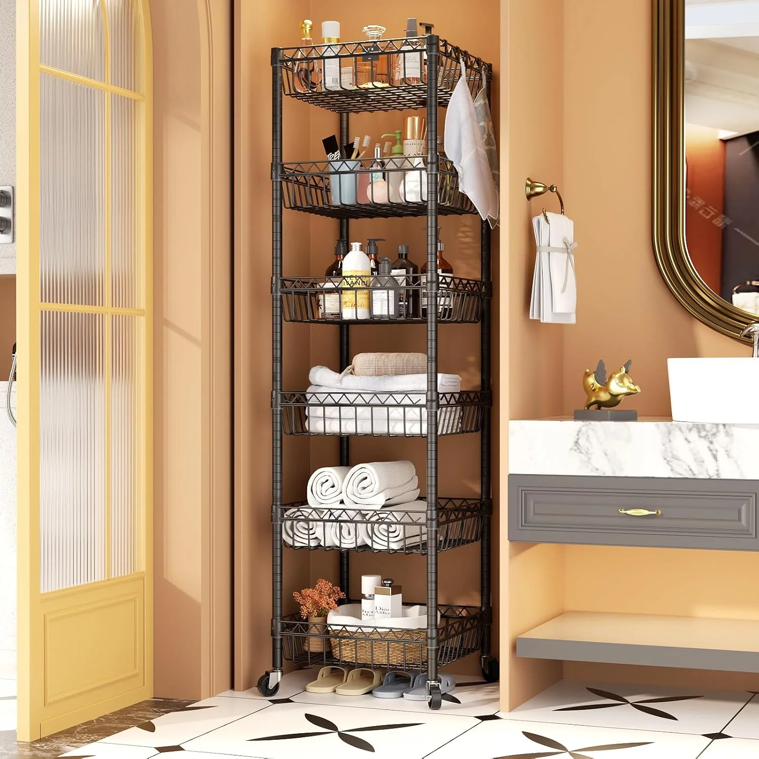 6 Tier Wire Shelving Unit with Wheels Baskets Storage Rack Corner Shelves Adjustable Shelf Closet Bathroom Organizers Metal Pantry Kitchen Garage Laundry Room 13.5