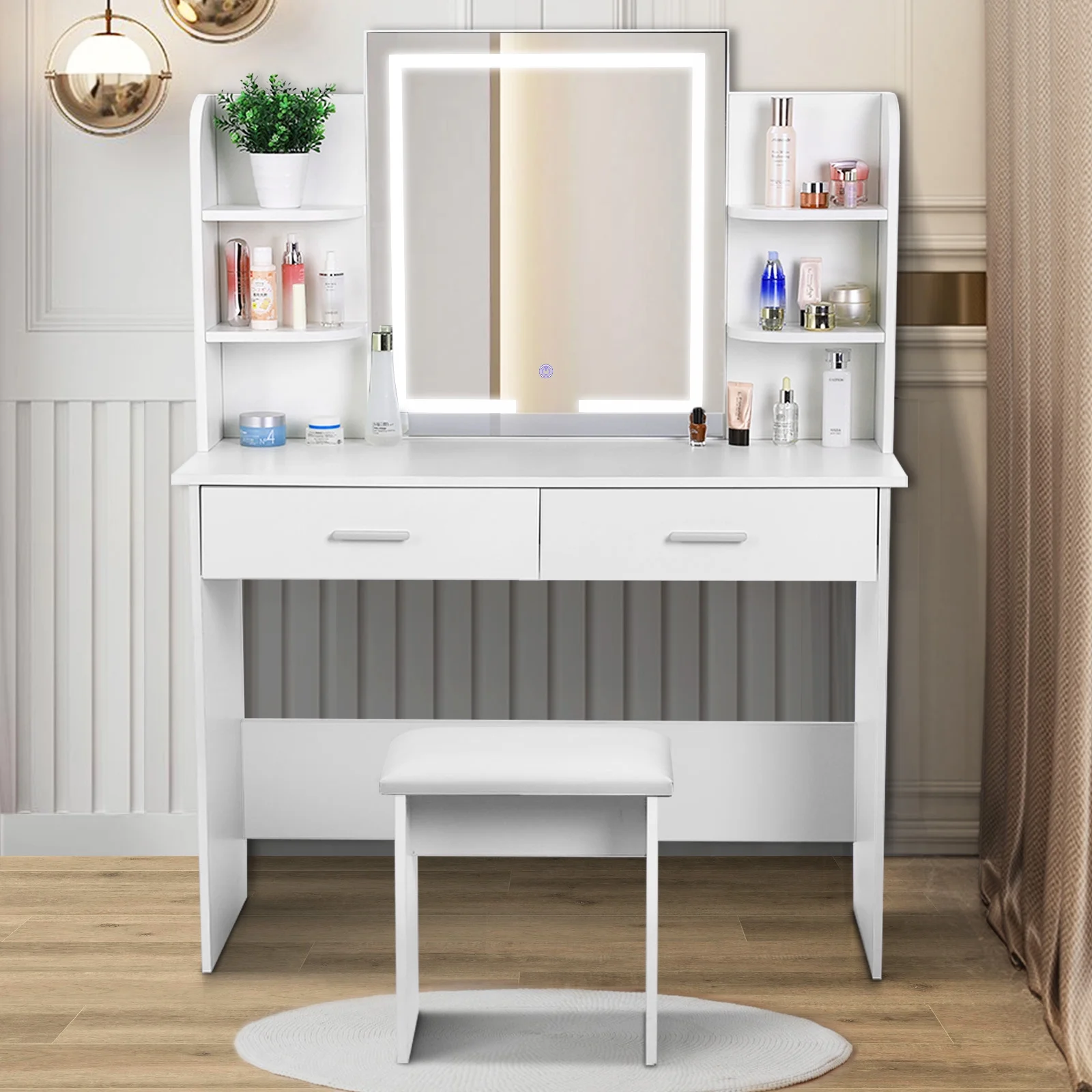 RichYa Modern Makeup Vanity Set with Lights Mirror and Drawers,White Makeup Desk,Dressing Table