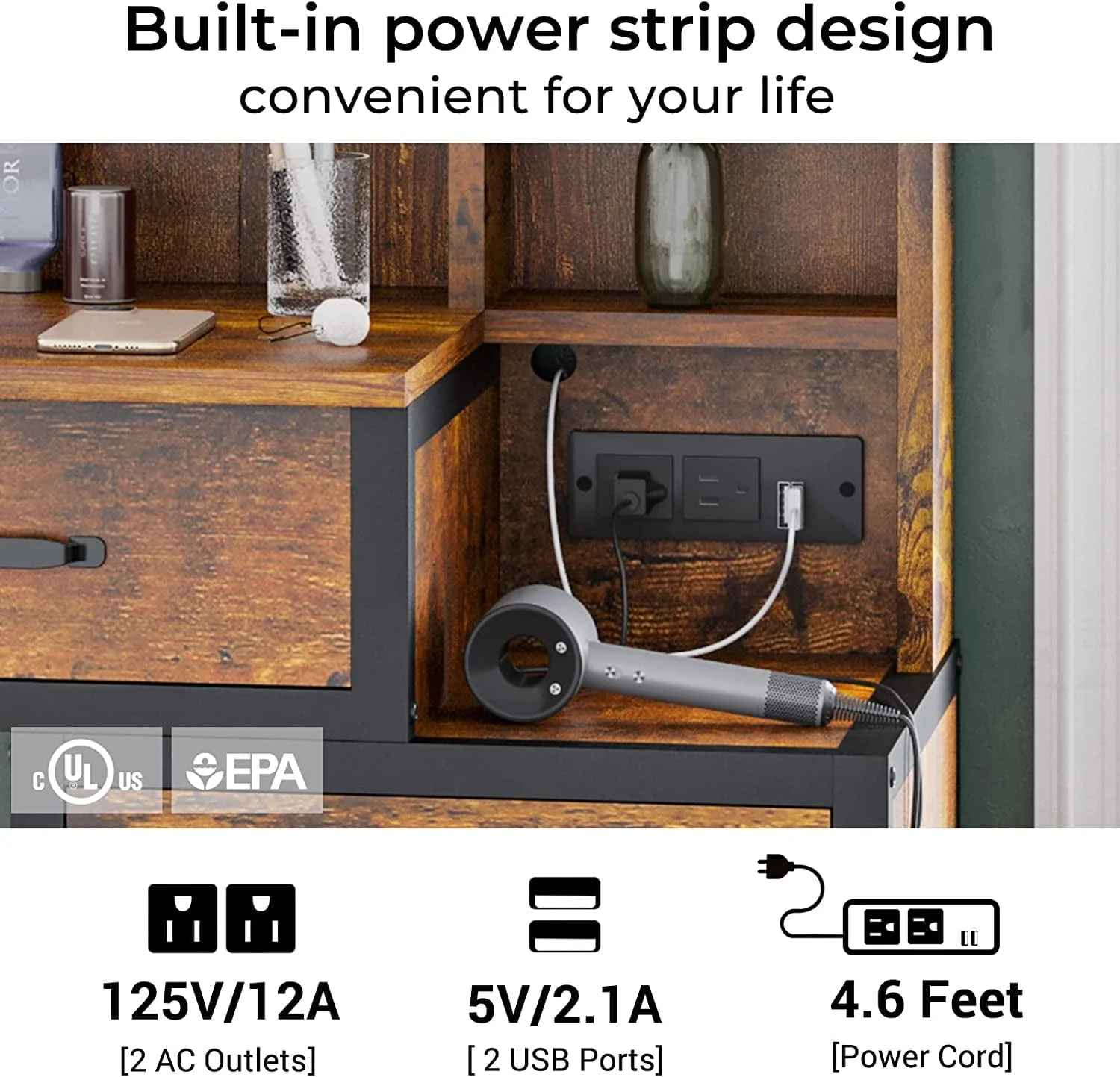 Rustic Vanity Desk Makeup Dresser Desk Table with Lighted Mirror & Charging Station & 5 Drawers, 10 LED Light, Brown & Black