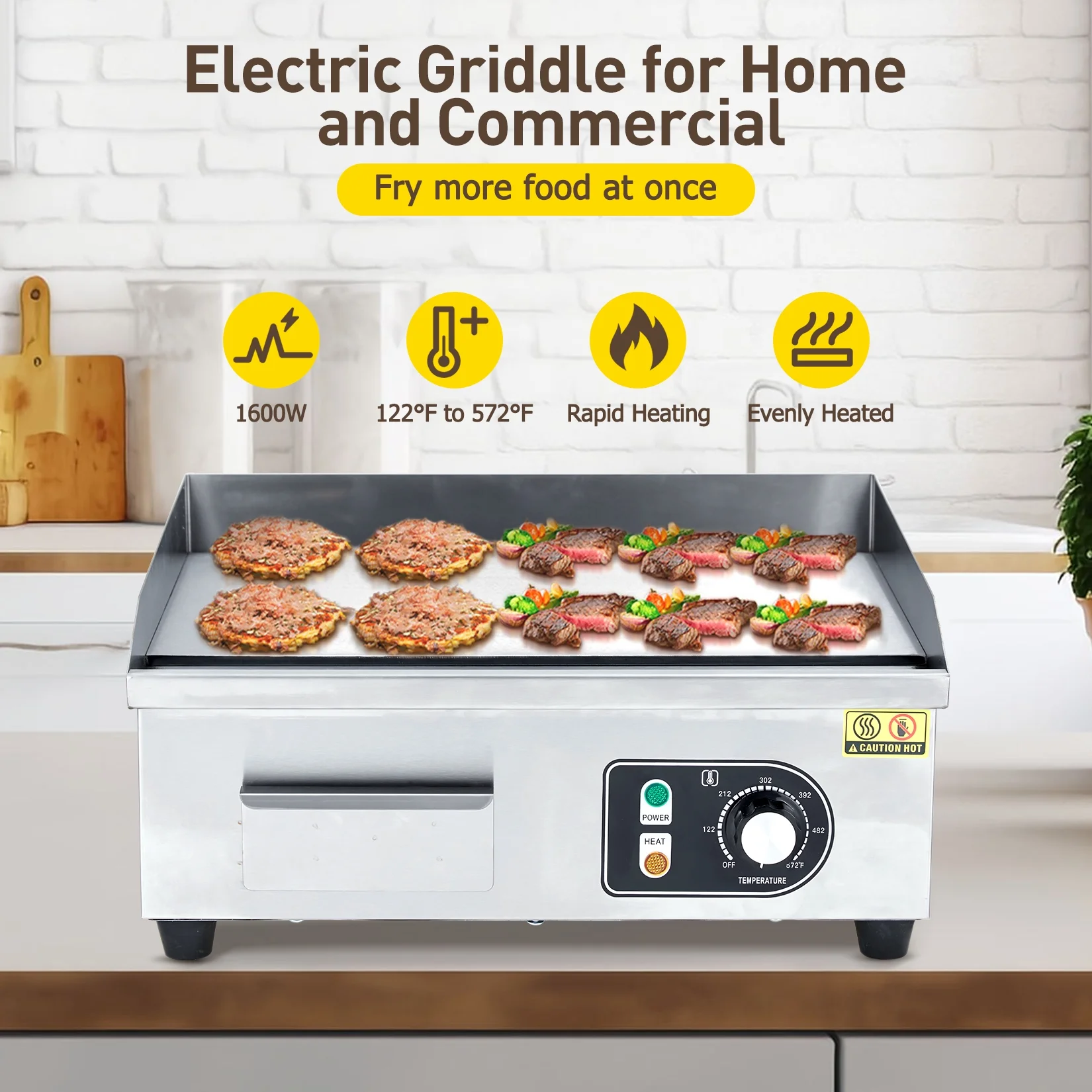 EastVita 22-Inch Commercial Electric Countertop Grill, Non-Stick Electric Grill Plate, Temperature Control 122��F-572��F, 1600W Electric Grill Pan
