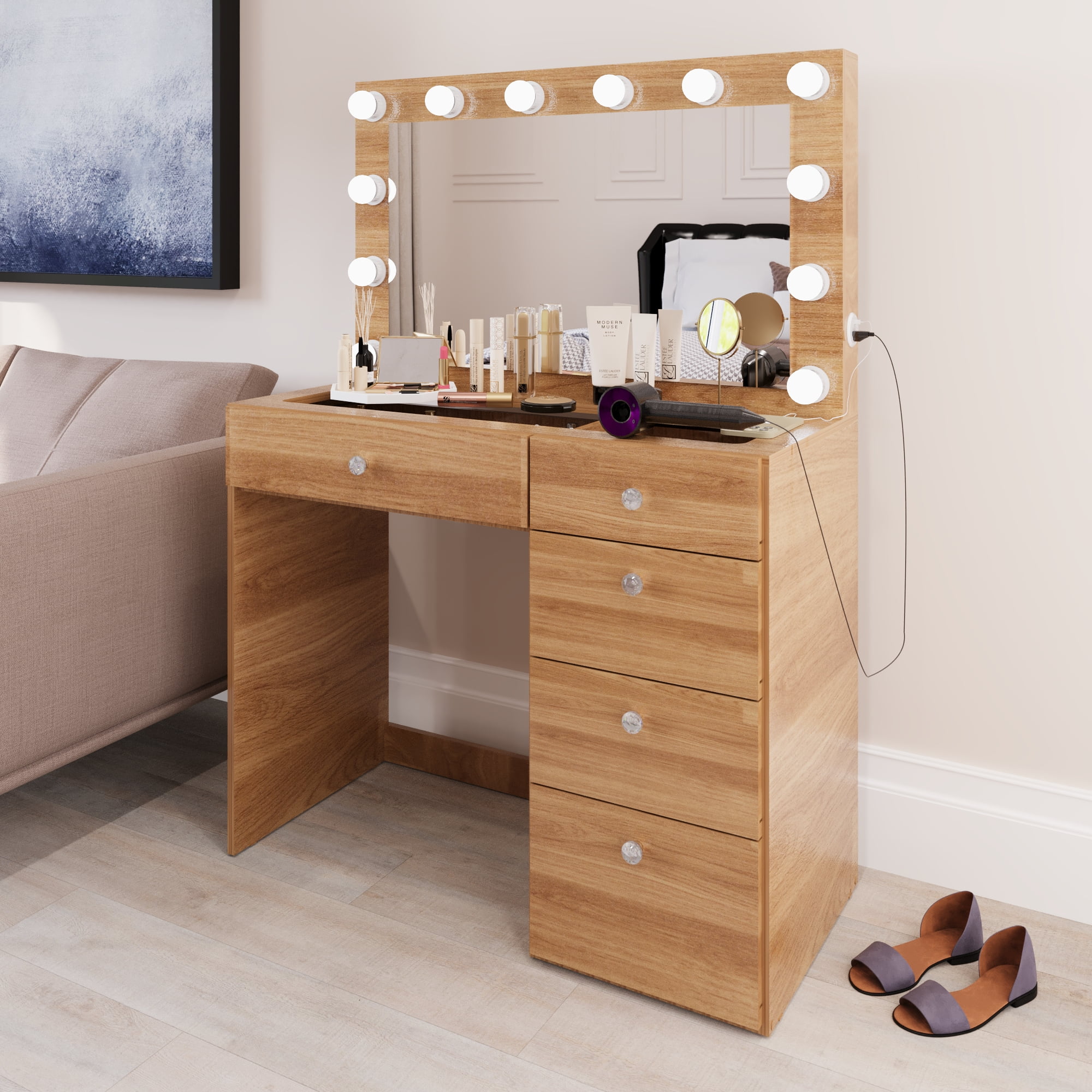 Boahaus Alana White Vanity Desk with LED Lighted Mirror, 5 Drawers, Jewelry Divider, Bluetooth Speakers, and Charging Station