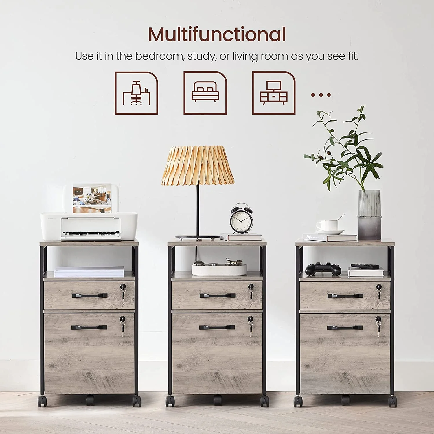 VASAGLE File Cabinet with Lock Filing Cabinet with 2 Storage Drawers for Home Office Open Shelf Greige and Black