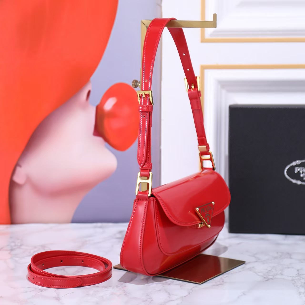 Prada Vernice Triangle Logo Flap Adjustable Strap Shoulder Bag Cherry
