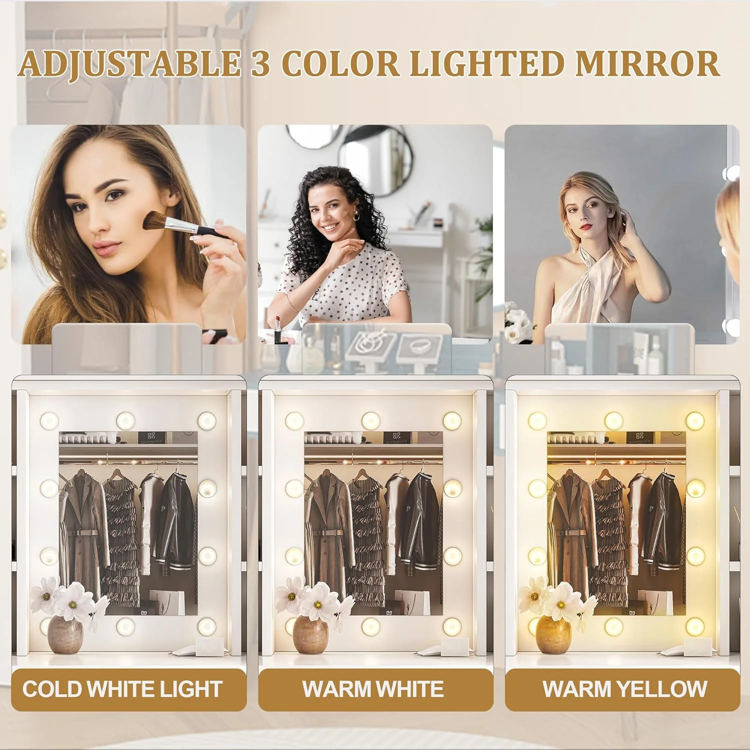 Makeup Vanity Desk with LED Mirror, 11 Drawers & Shelves, 3 Color Modes & Adjustable Brightness