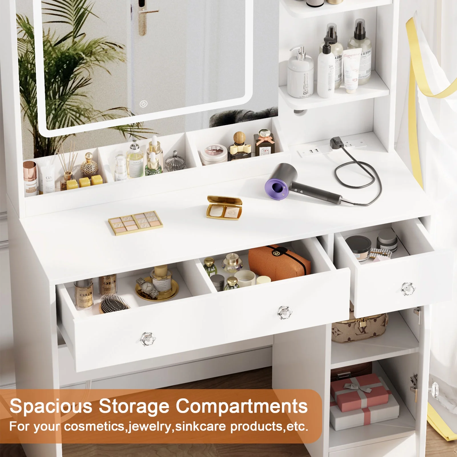 Satifur White Vanity Desk Set with Mirror and Lights, Makeup Table with Charging Station, Comfortable Bench, Big Vanity with 3 Storage Compartments, 39.4in