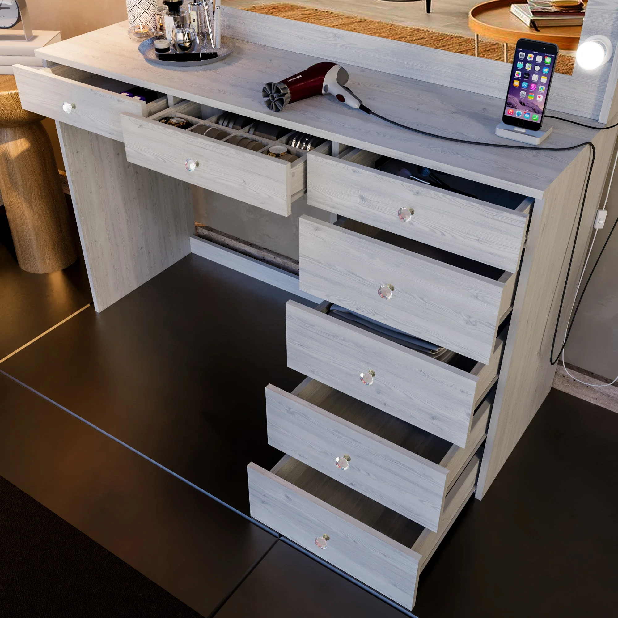 Ember Interiors Peggy Vanity Desk with Lighted Mirror and USB Ports
