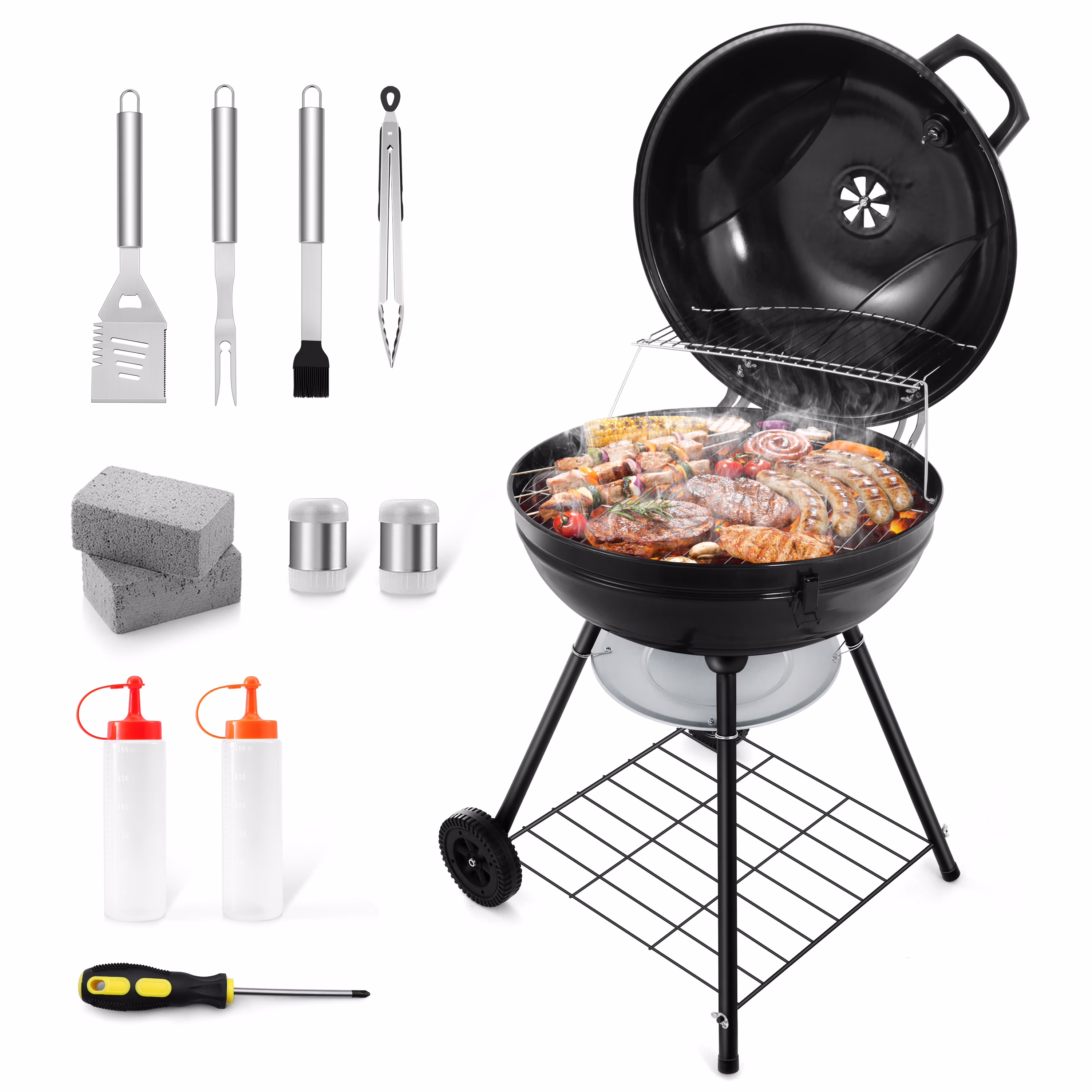 Walchoice 22 inch Charcoal Grill with Wheels & Temperature Gauge, 2 Layer Grilling Racks Heavy Duty Barbecue Grill for Backyard Camping BBQ Cooking, Black Enamel Lid & Bowl