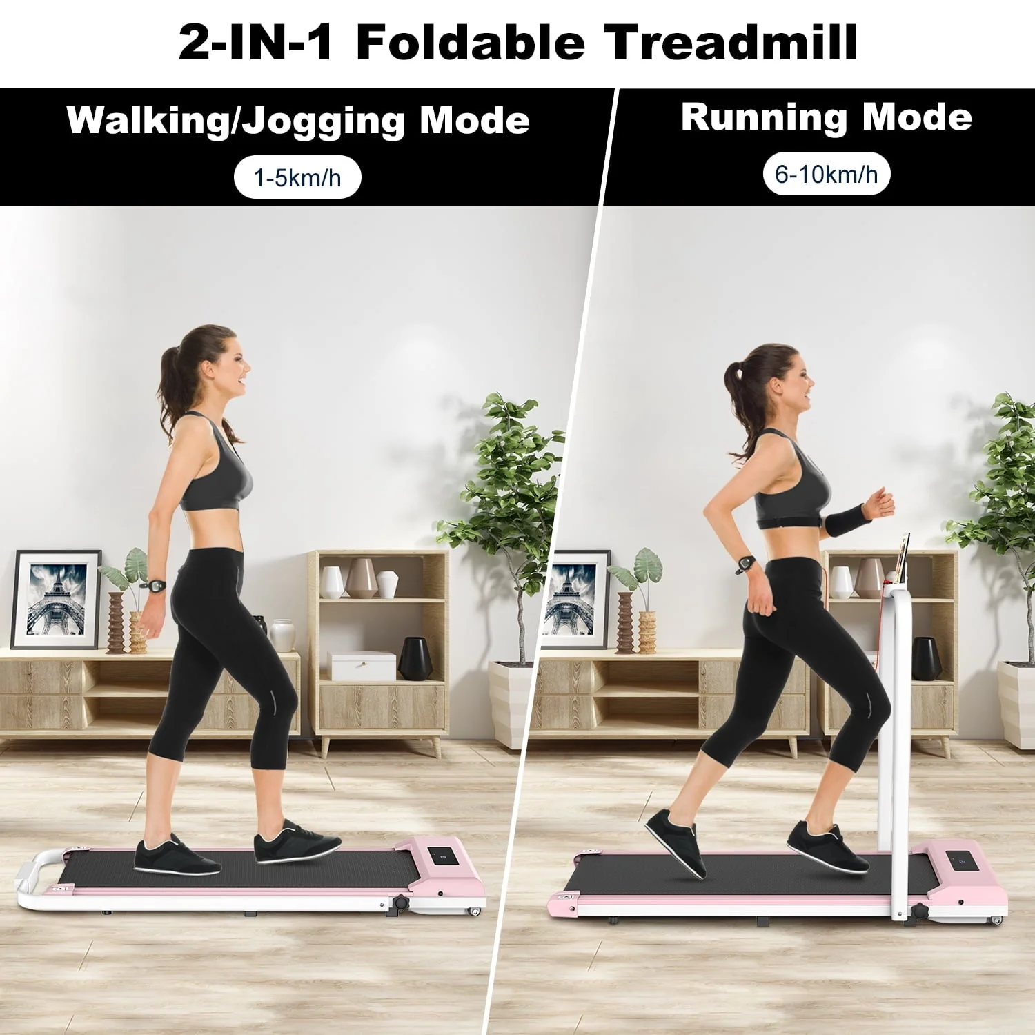 Bigzzia Walking Pad Under Desk Treadmill,Portable Folding Treadmills Motorized Running Machine for Home,6.25MPH,No Assembly Required,Remote Control,265 Lb Capacity(Pink)