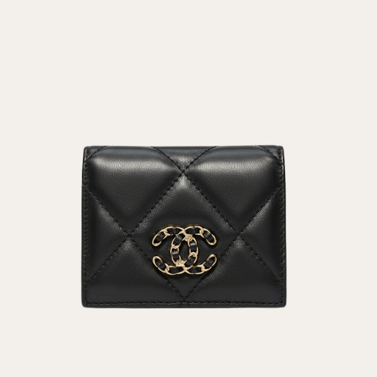 Chanel 19 Tri-Fold Wallet Black Gold/Chain Hardware 4.3 Inches