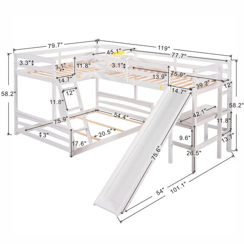 L Shaped Triple Bunk Bed for 5, Twin Over Full Bunk Bed and Twin Size Loft Bed with Built-in Desk, and Slide,Full-Length Guardrail, White