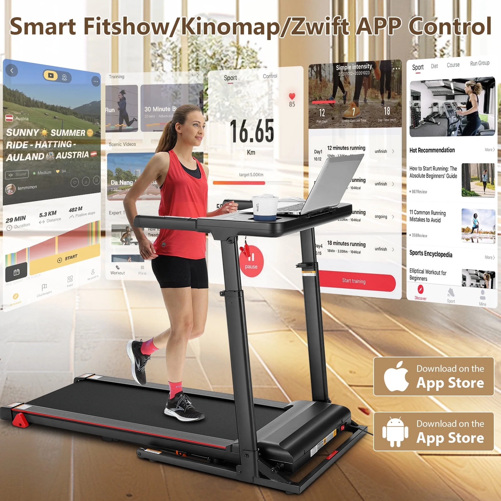 Simpfree Treadmill with Height-Adjustable Desk, 300LBS Folding Treadmill with Incline\App\Bluetooth Speakers\LED Monitor\64 Programs for Home, 0.6-7.5MPH/h