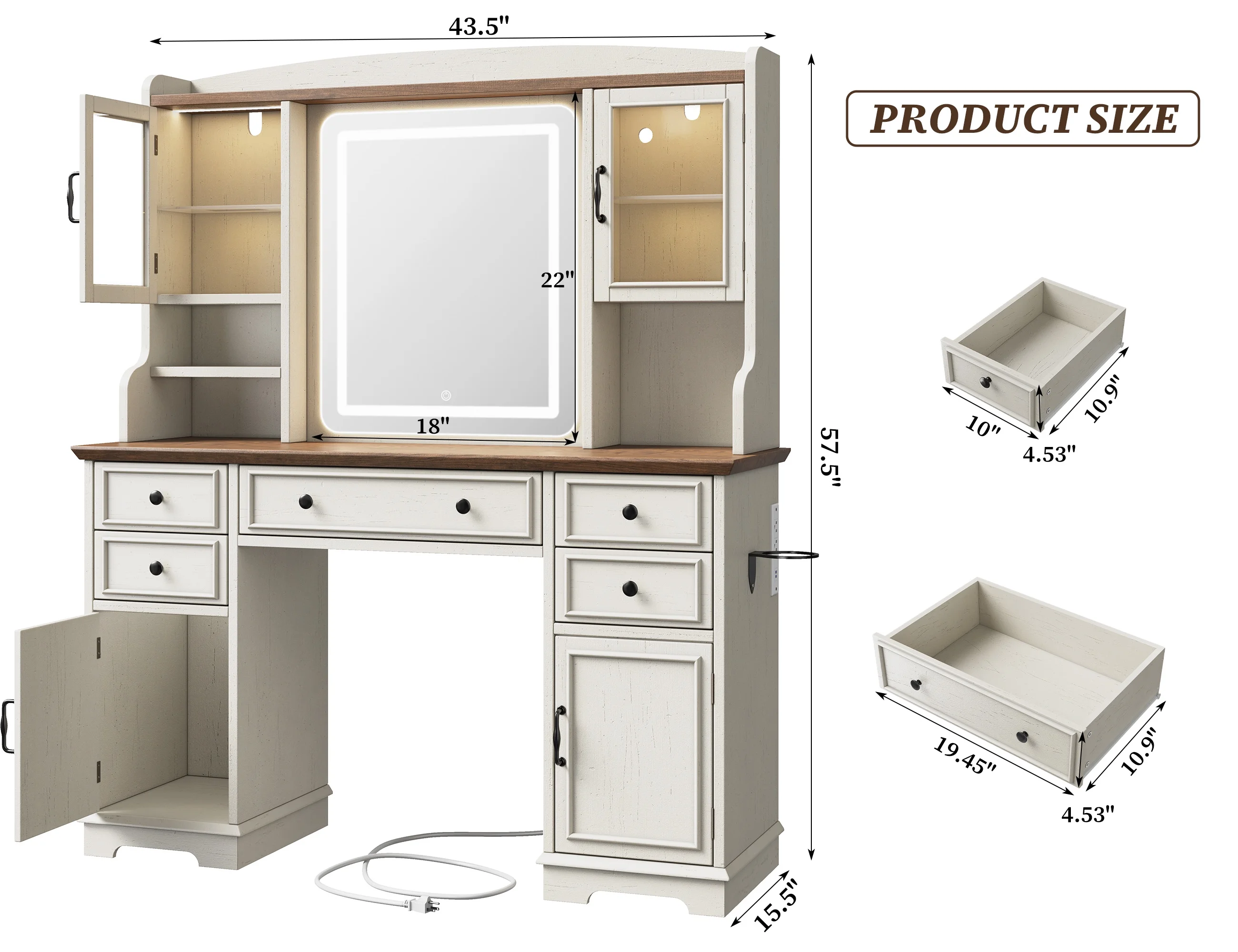 EnHomee Farmhouse Vanity Desk with Mirror and Lights White Vanity with Lighted Mirror Makeup Vanity Set with RGB Cabinets and Storage Drawers