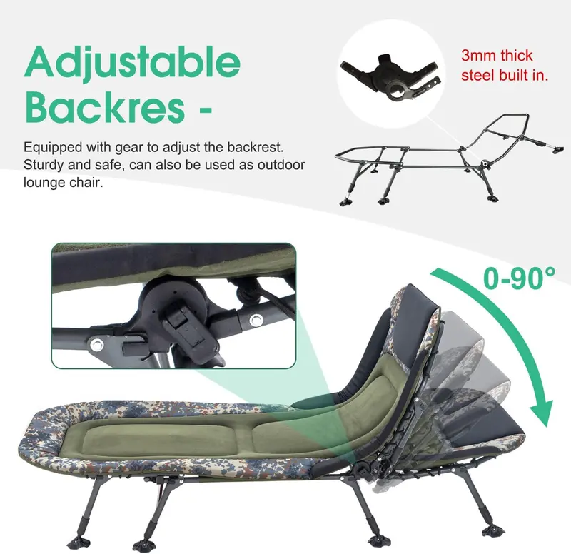 Green Heavy Duty Camping Cot with Mattress. 330lbs Capacity. Adjustable Reclining. Portable Folding Bed for Adults
