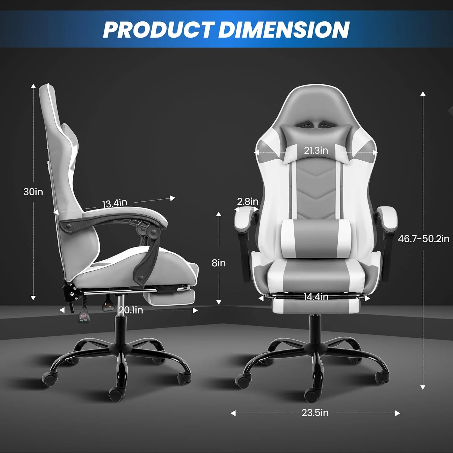 SECONDPEAK Gaming Chair, Backrest and Seat Height Adjustable Swivel Recliner Racing Office Computer Ergonomic Video Game Chair with Footrest and Lumbar Support Grey/White With Footrest