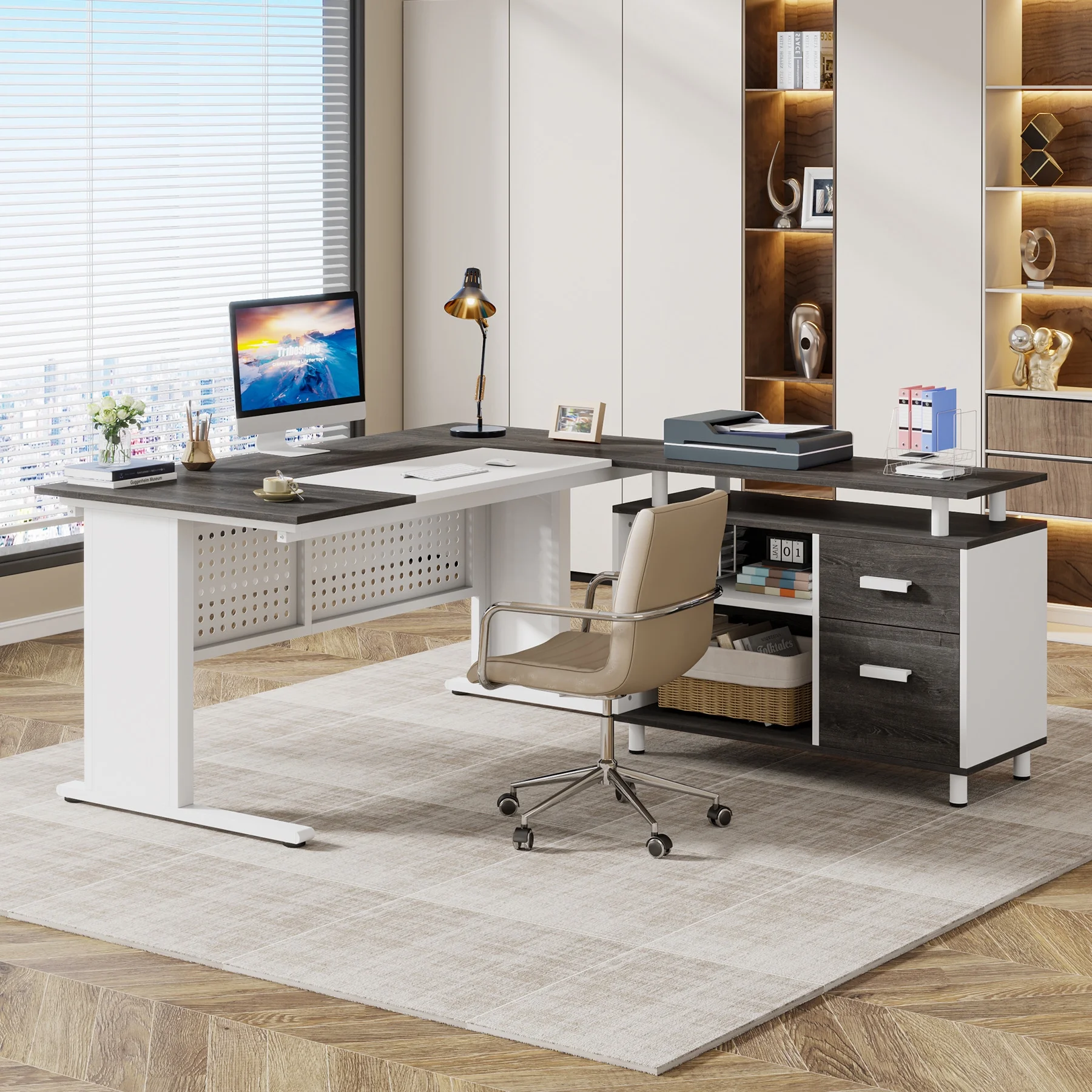 Tribesigns 63 Inch Executive Desk with File Cabinet, Large Office Desk L Shaped Computer Desk with Drawers and Storage Shelves, Business Furniture Desk Workstation for Home Office, Brown and Black