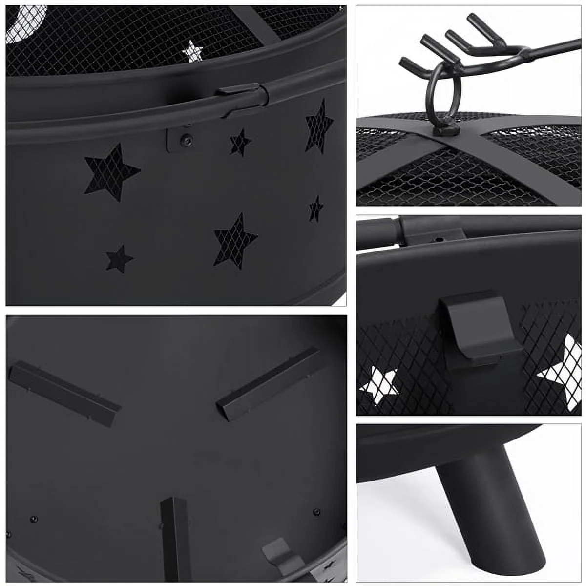 SMILE MART Iron Fire Pit Set Heating Equipment Camping Fire Bowl with Poker Mesh Cover for BBQ Backyard Patio Outdoor Fireplace Black