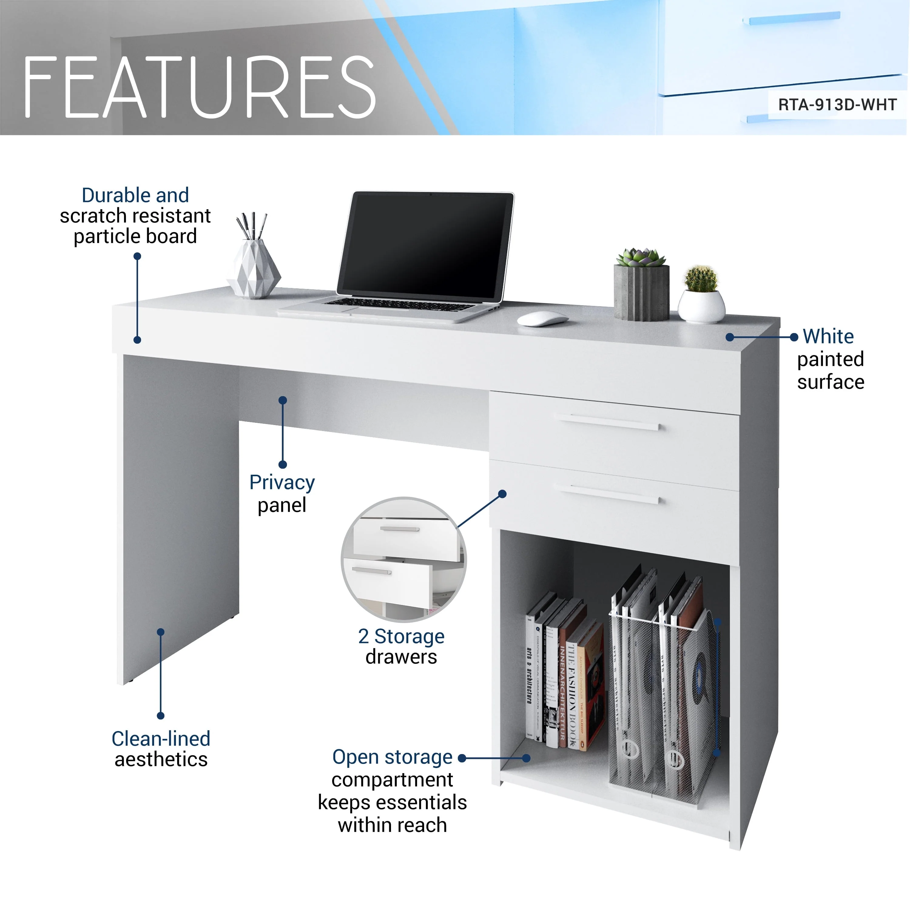 Techni Mobili White Computer Desk for Home Office or Bedroom, with Drawers Ideal for Small Spaces