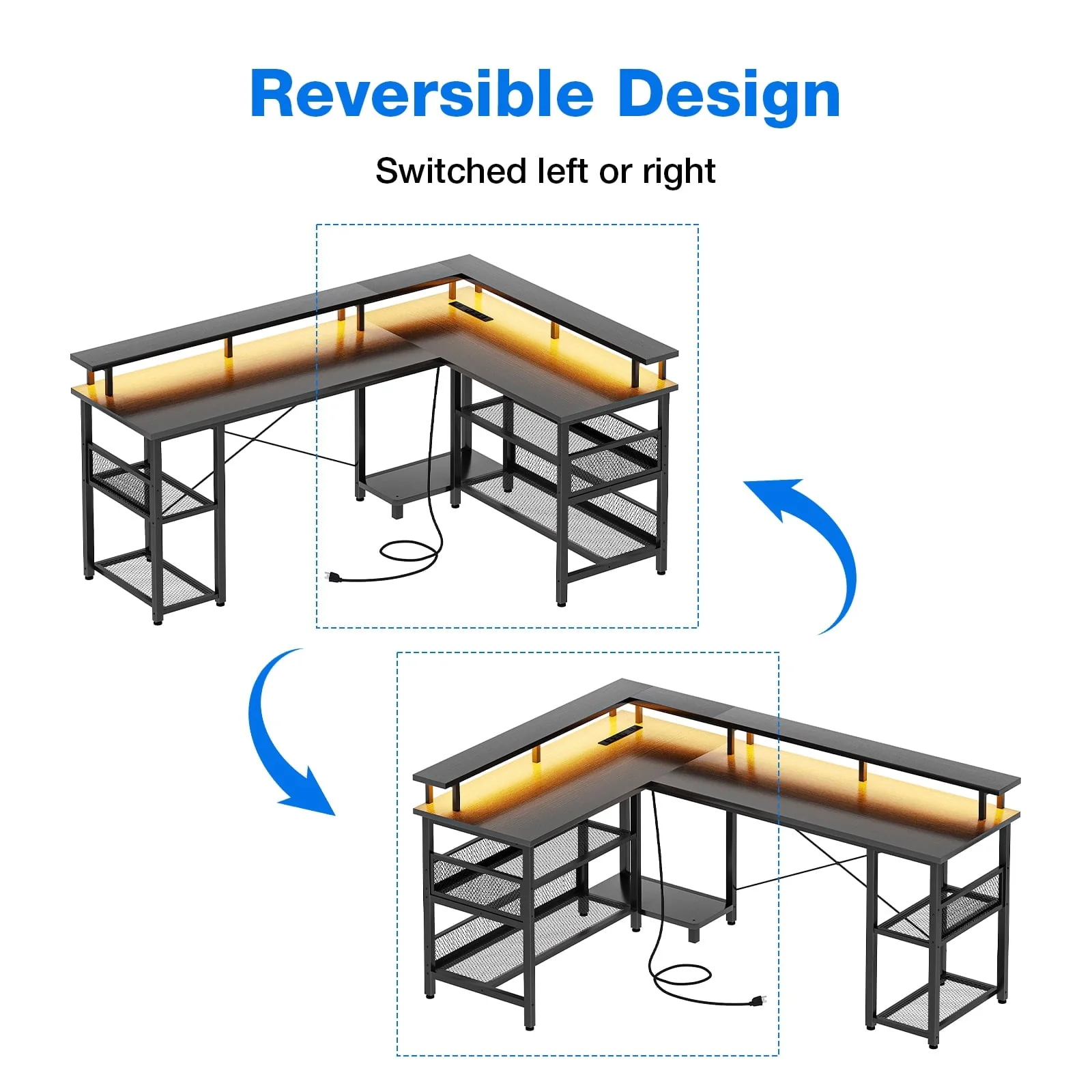Reversible 59 inch L Shaped Computer Desk with LED Lights & Power Outlet,  Gaming Table with Full Monitor Stand, Corner Desk with Storage Shelves, Black