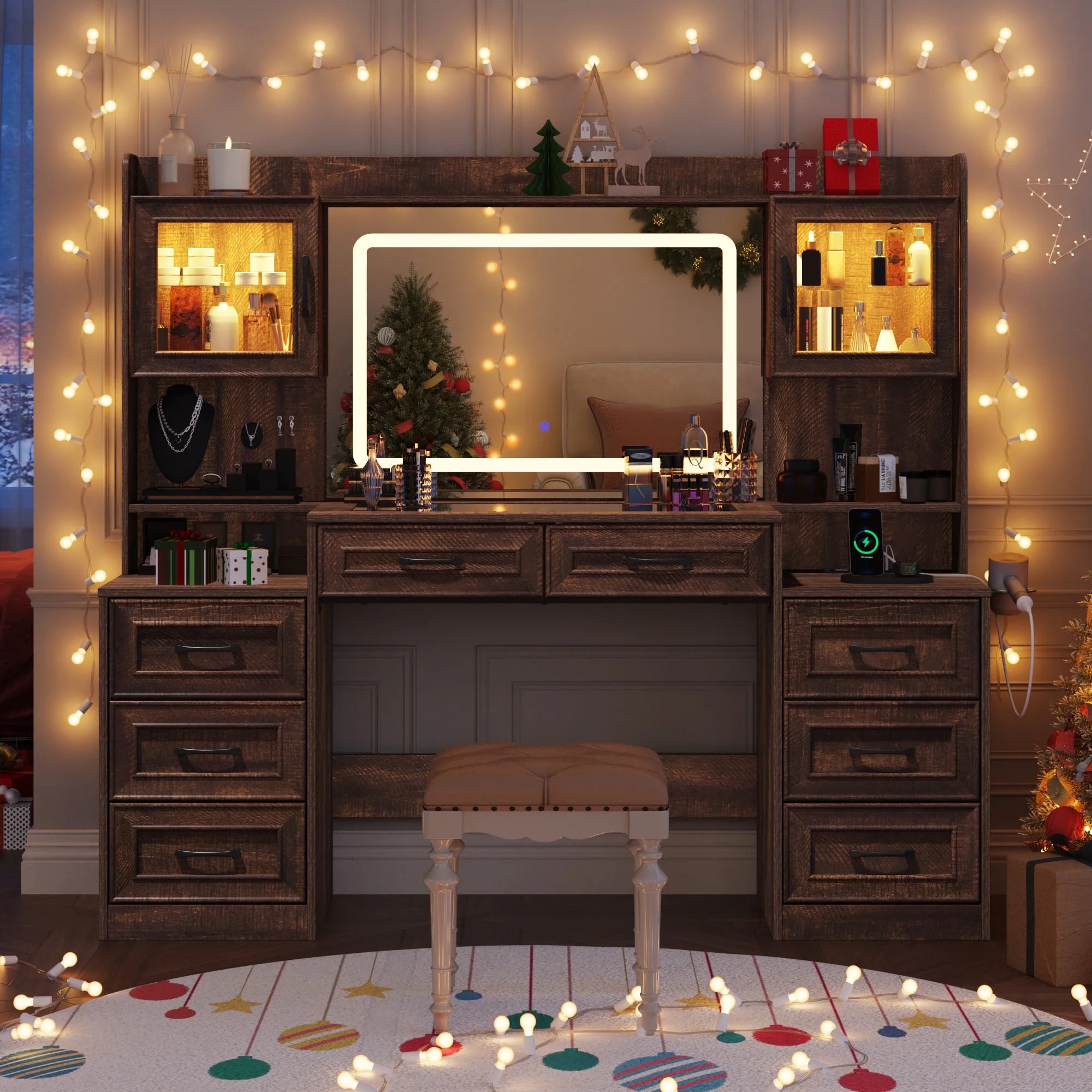 ChVans 62'' Large Vanity Desk with Tempered Glass Top & Charging Station, Farmhouse Makeup Vanity with 8 Storage Drawers & 2 LED Glass Storage Cabinets & 3 Lights Mode LED Mirror for Women Gift
