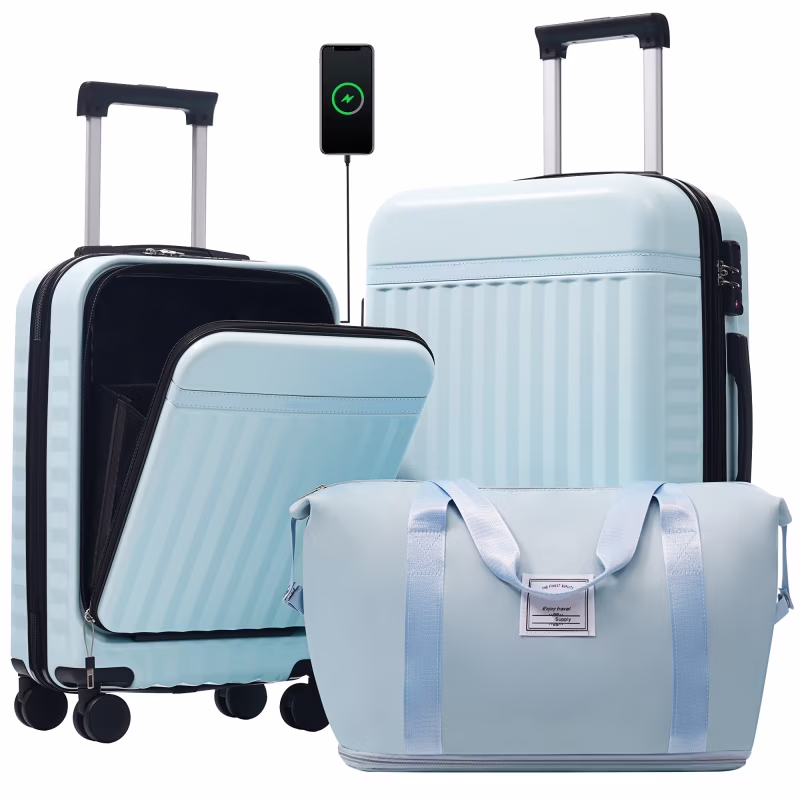 Front Opening Luggage Set 3 Piece, Hardside Carry on Suitcase with USB Port, Expandable Luggage with Handle Bag Spinner Wheels TSA Lock