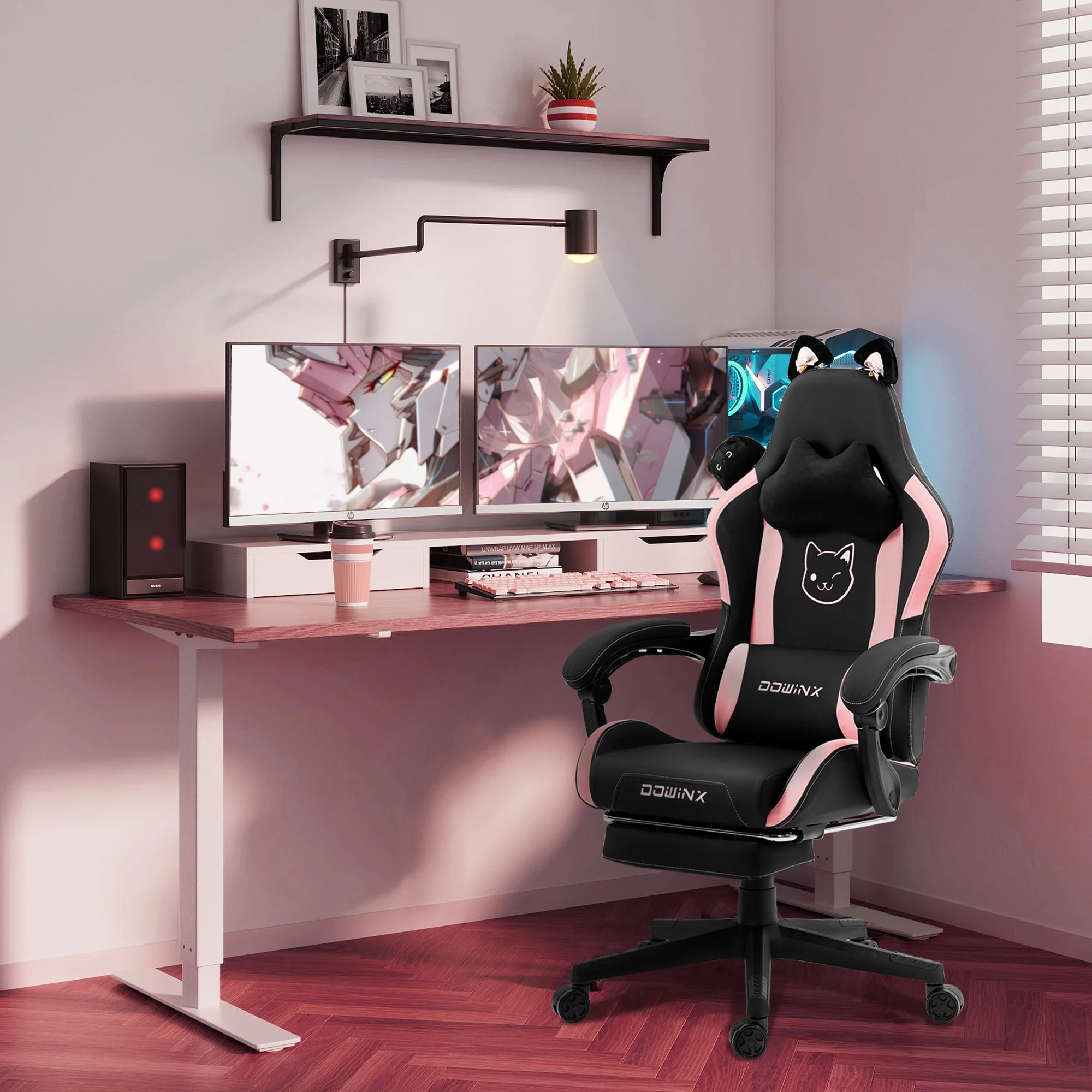 Dowinx Cute Cat-Ear Gaming Chair with Massaging Lumbar Support, Ergonomic Computer Gaming Chair for Girl and Adults, Reclining Comfort Game Chairs with Footrest, Black