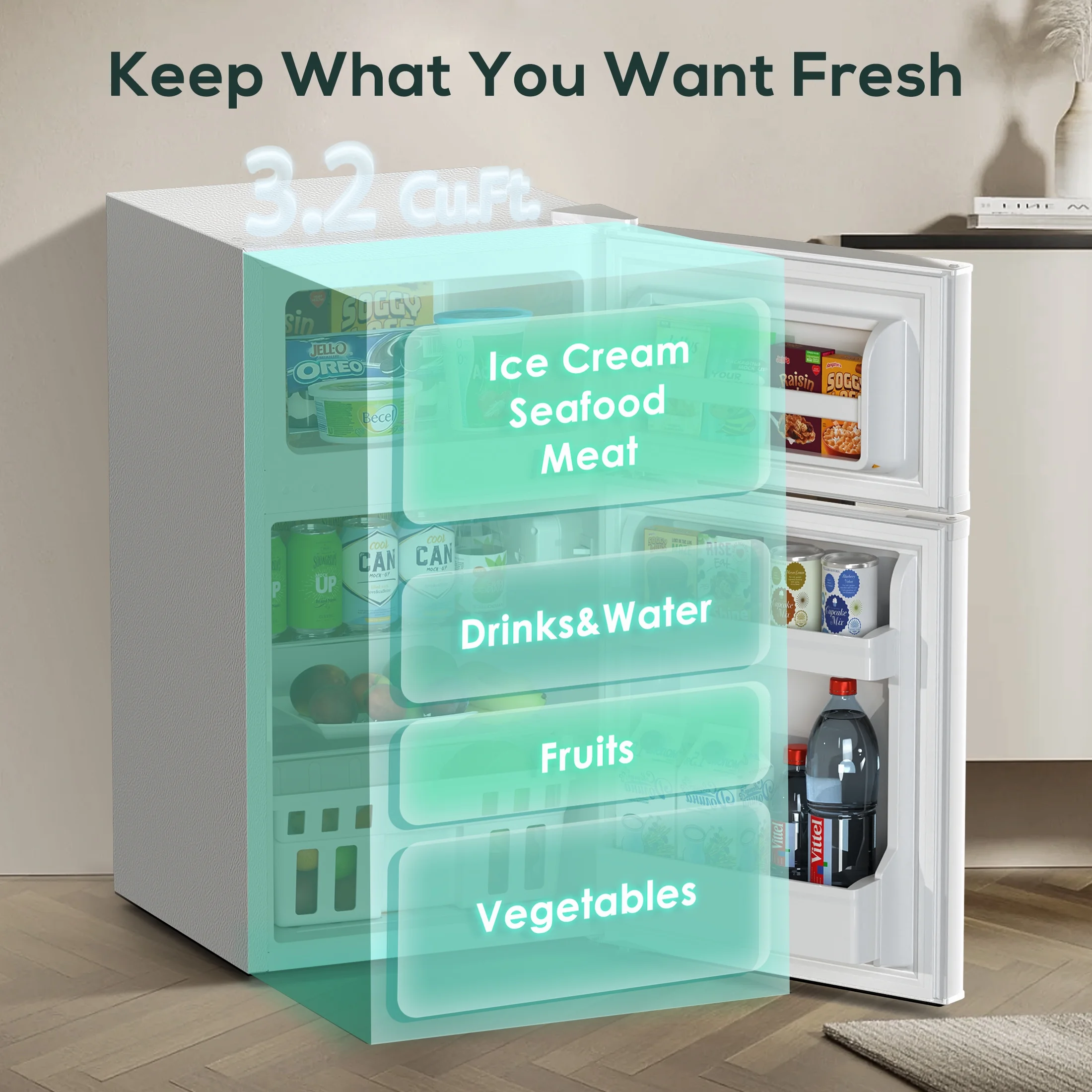 Moifoi 3.2 Cu.Ft Two-Door Compact Refrigerator, Stainless Steel Door, Black