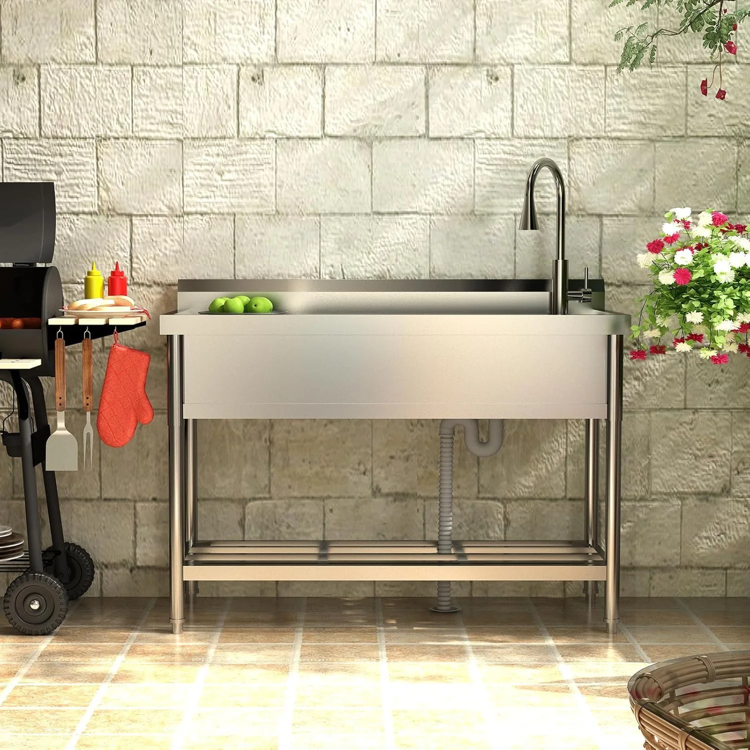 TROPOW 24x20x42 Inch Stainless Steel Utility Sink, Freestanding Single Bowl with Cold and Hot Water Hose and Faucet, Commercial Sink Kitchen Sink for Restaurant Laundry Room Bathroom Garage Garden
