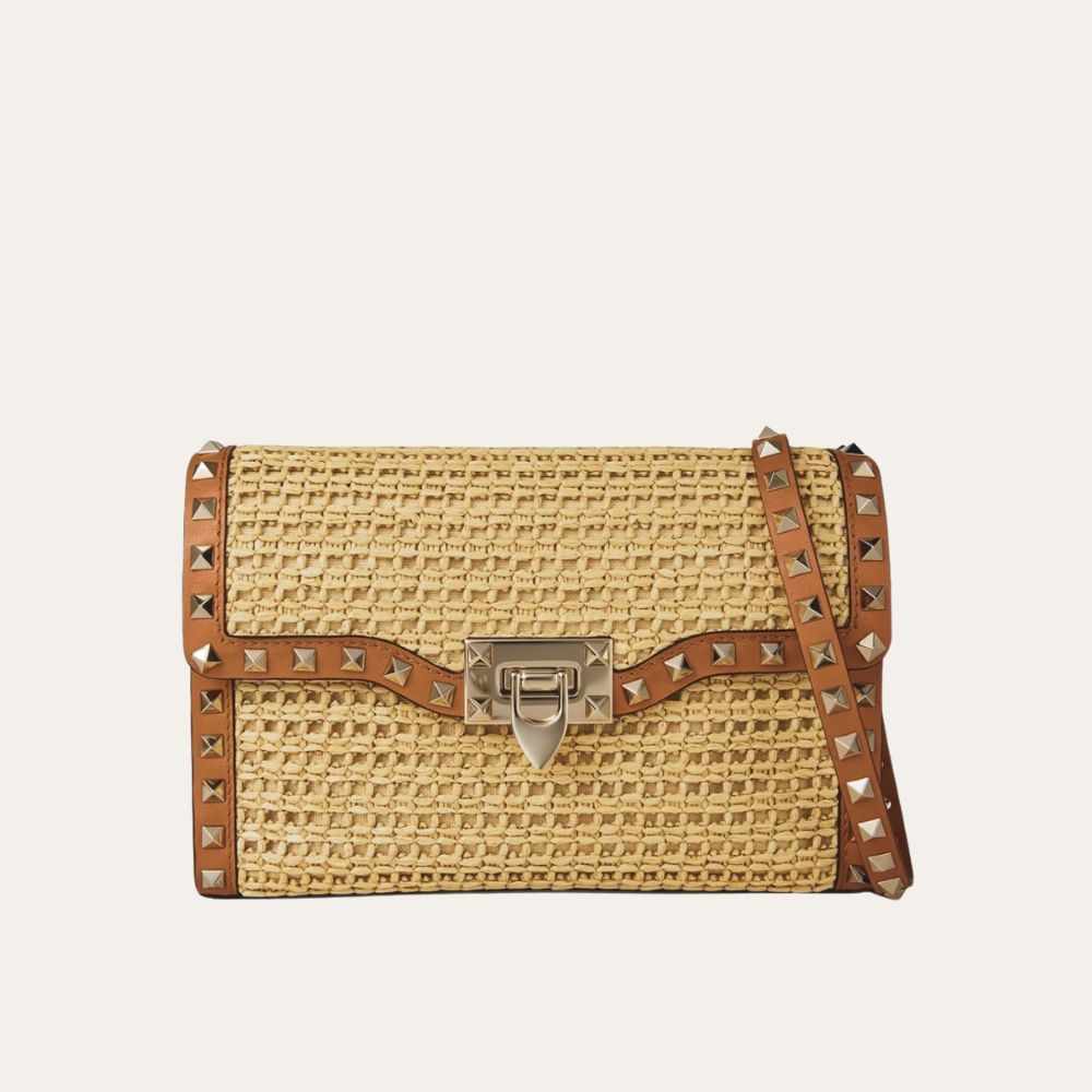 Valentino Garavani Rockstud Small Raffia Shoulder Bag Natural 8.9 Inches