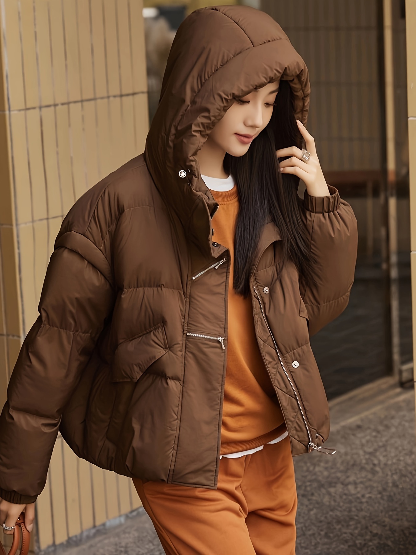 Stand Collar Pockets Hoodie Puffer Jacket, Casual Long Sleeve Jacket For Winter