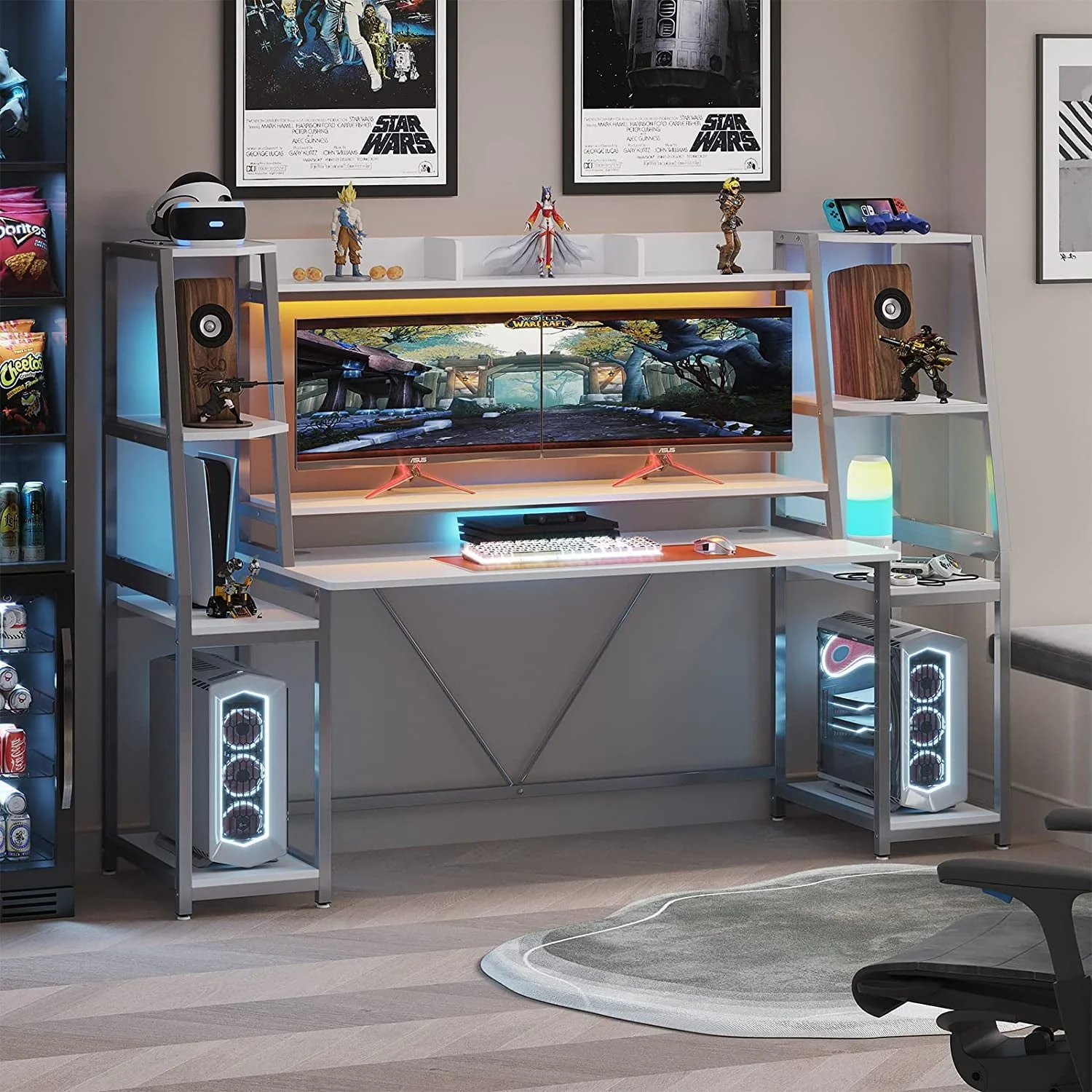 White Gaming Desk with LED Lights 78.8'' Computer Desk with Hutch & Monitor Stand Ergonomic Home Office Desk Table for Bedroom Living Room