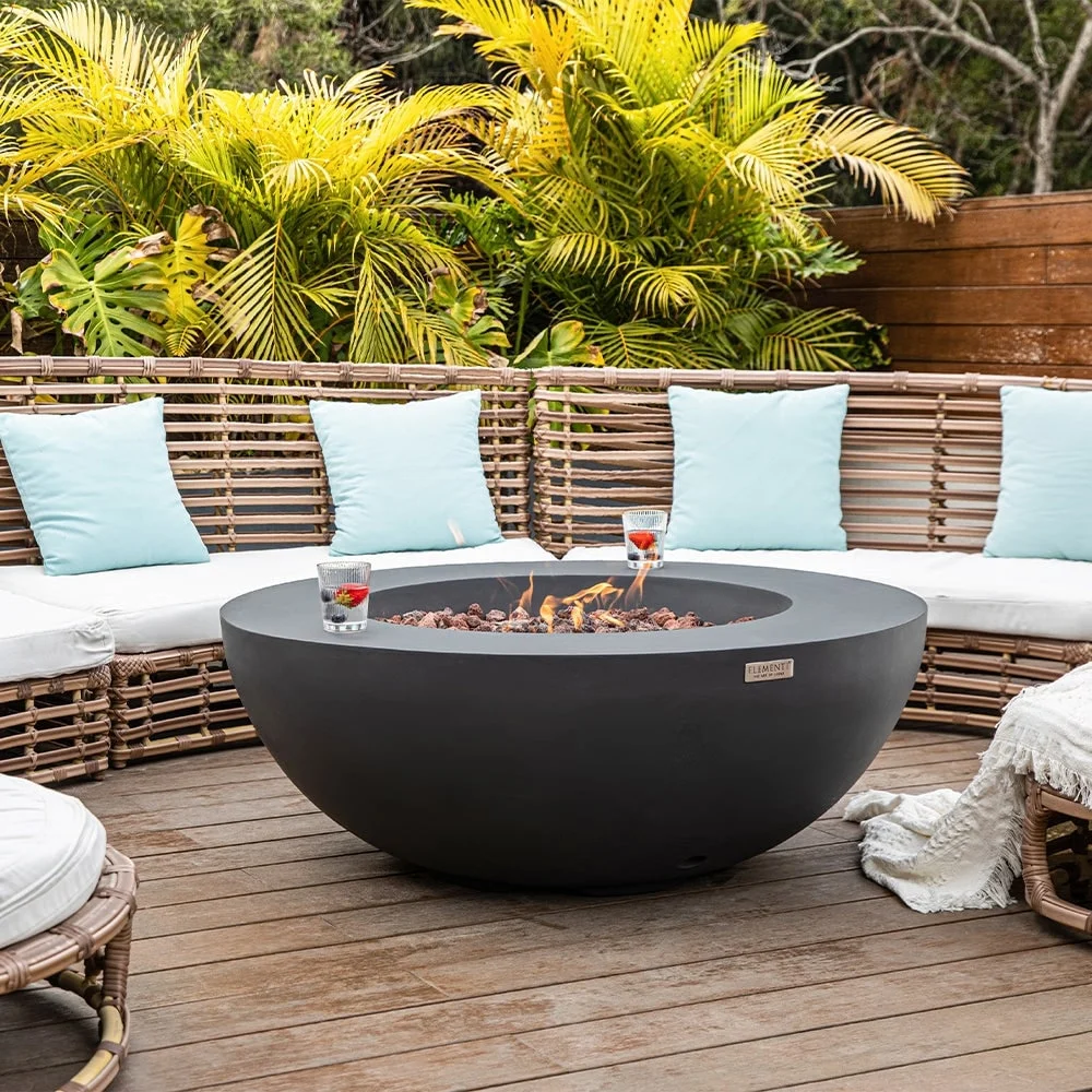 Elementi Outdoor Lunar Fire Bowl 42 Inches Grey Durable Fire Pit Table Glass Reinforced Concrete Round Fire Table Natural Gas Patio Fire Place Electronic Ignition Lava Rock Included