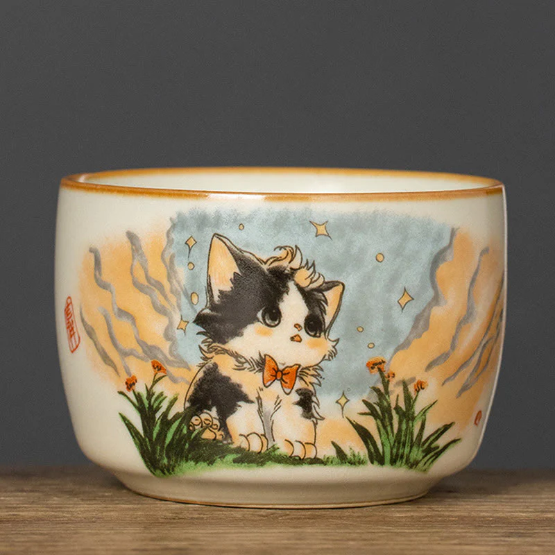 Buddha Stones Cute Bow Tie Cat Teacup Kung Fu Tea Cup