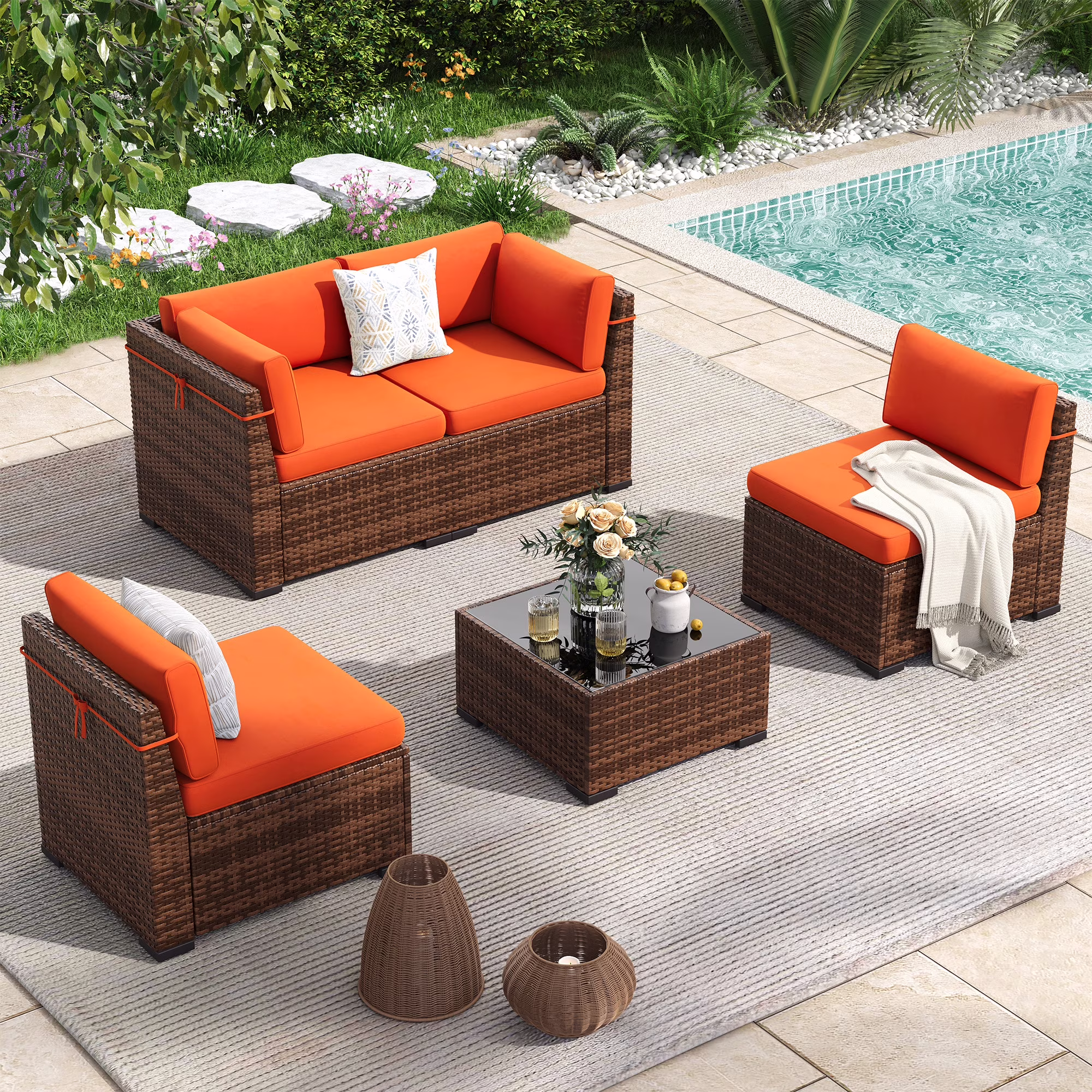 Poteban 7 Pieces Outdoor Sectional Sofa Set , PE Wicker Rattan Slanted Back Outdoor Conversation with Cushions and Glass Coffee Table for Backyard Garden, Dark Gray